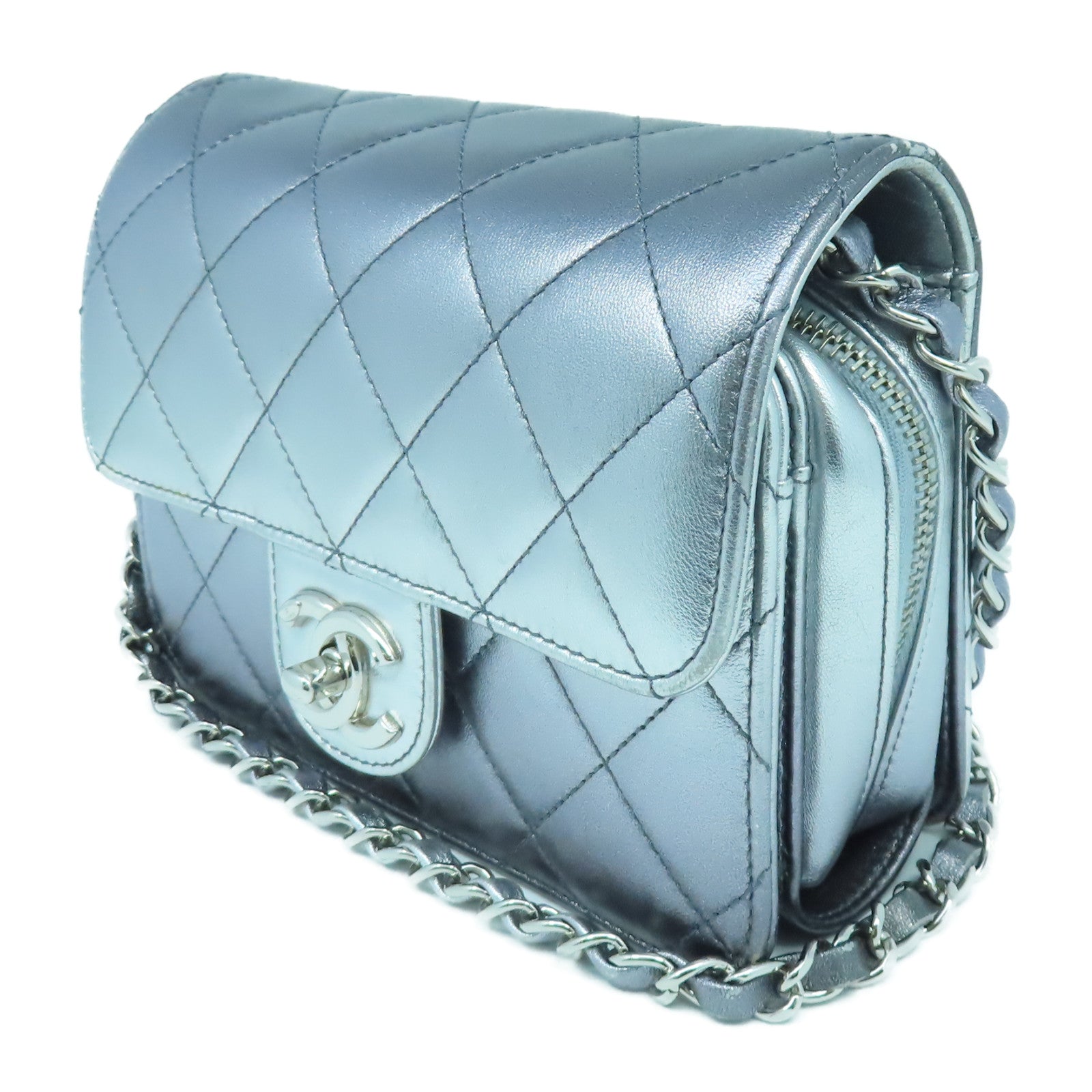 CHANEL 菱格皮革Chain Shoulder銀扣鏈帶肩背袋銀色
