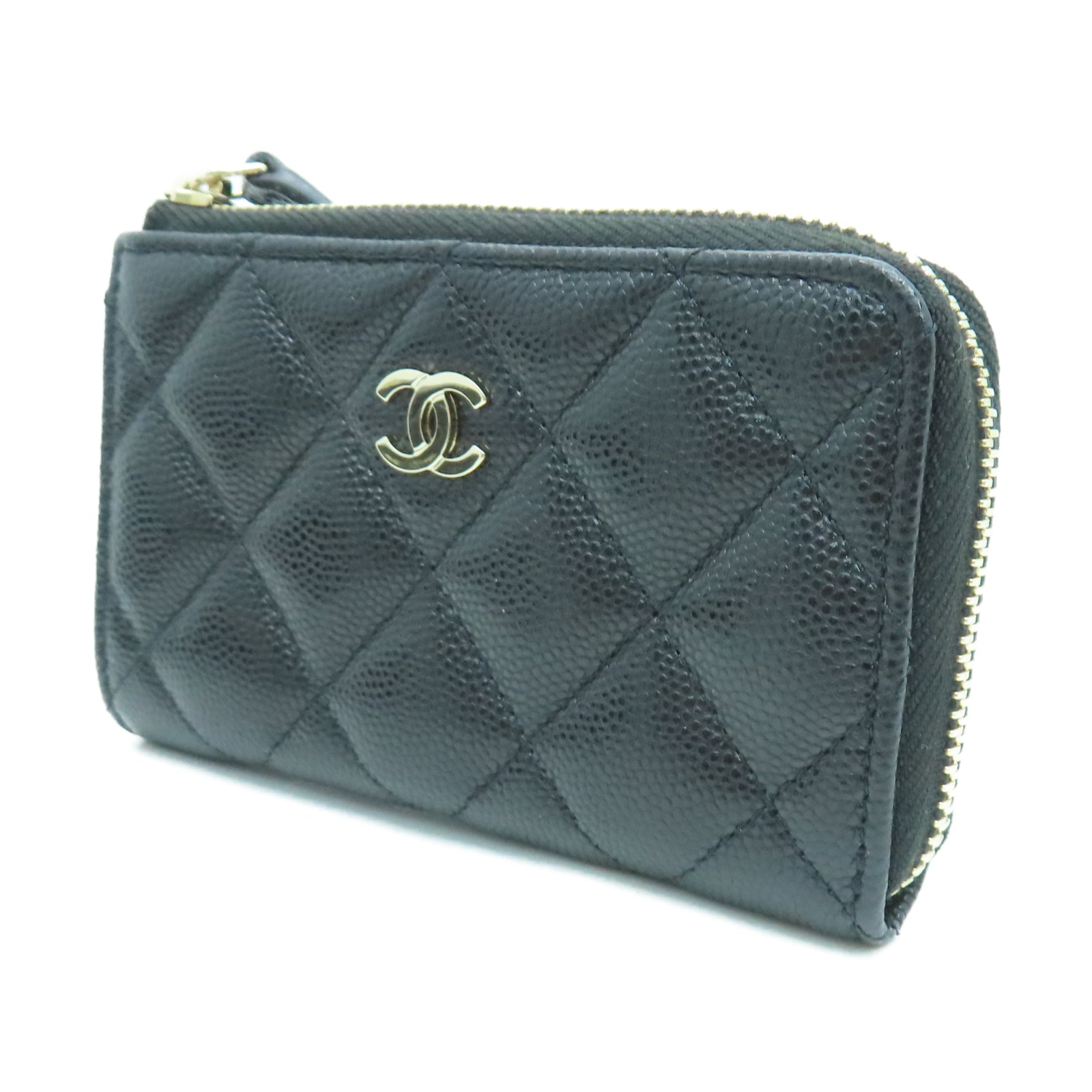 CHANEL Rhombus Caviar Leather Card Case Gold Buckle Card Holder