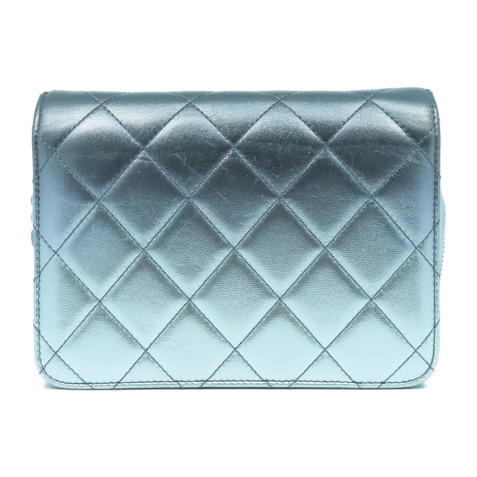 CHANEL 菱格皮革Chain Shoulder銀扣鏈帶肩背袋銀色