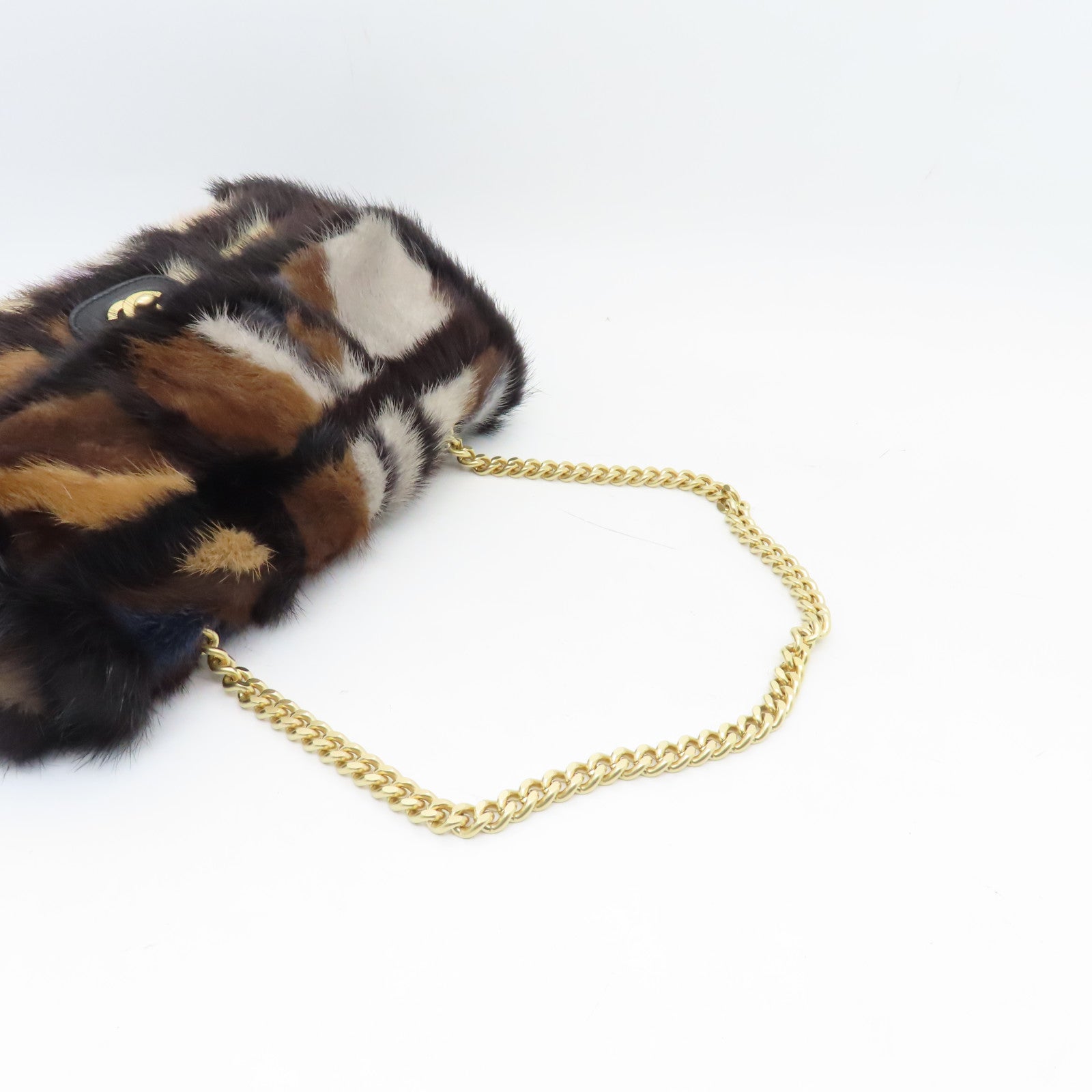 CHANEL 毛茸Chain Shoulder Bag金扣鏈帶肩背袋啡色