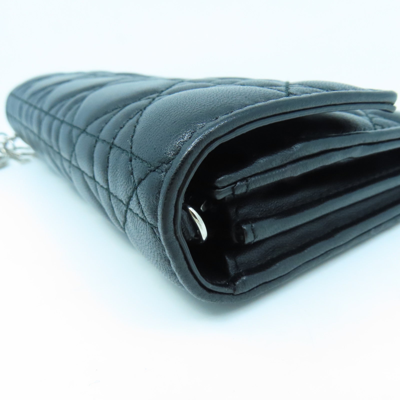 Dior Sheepskin Leather Wallet With Chain Silver Buckle Chain Shoulder Bag Black