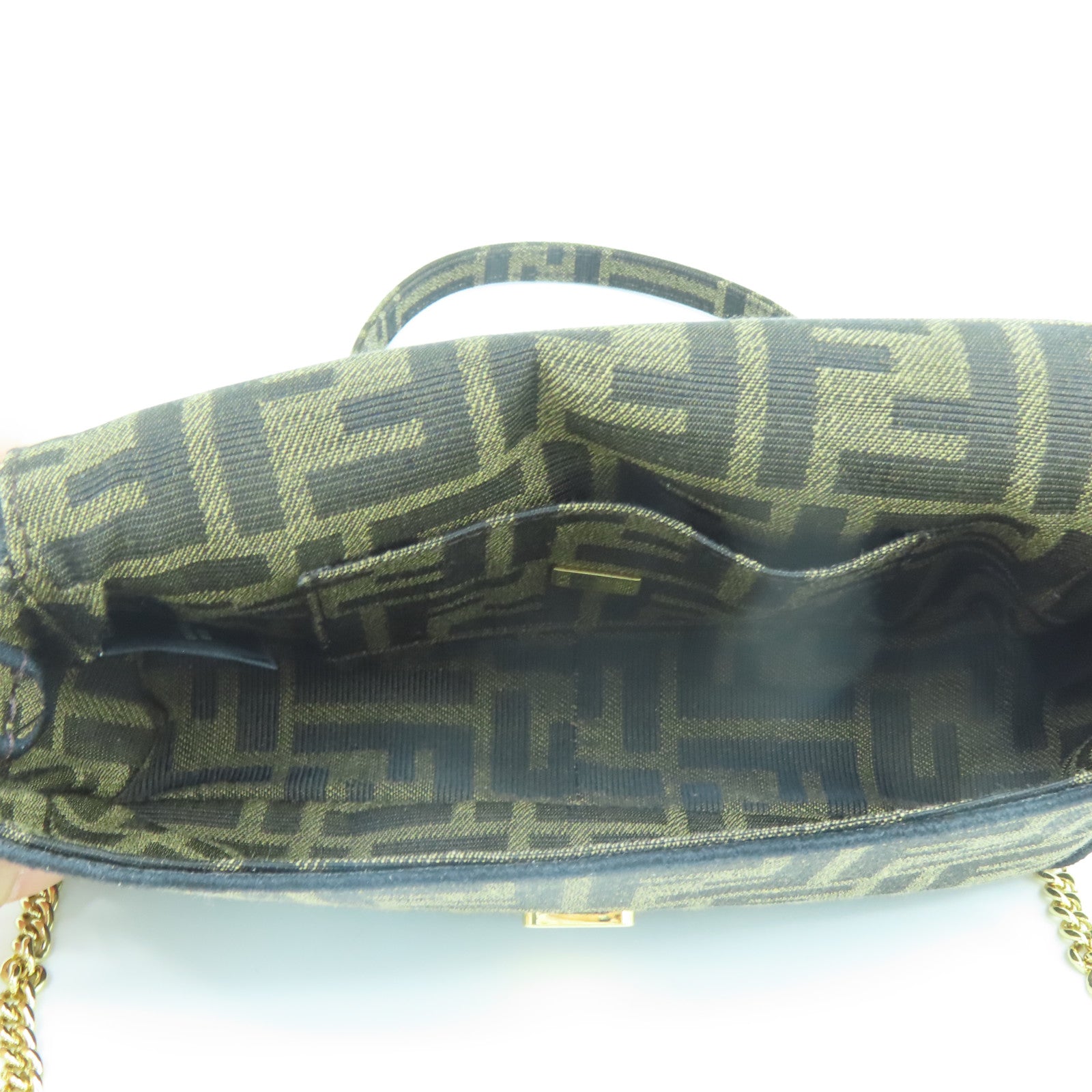 FENDI 帆布Chain Shoulder金扣鏈帶肩背袋棕色