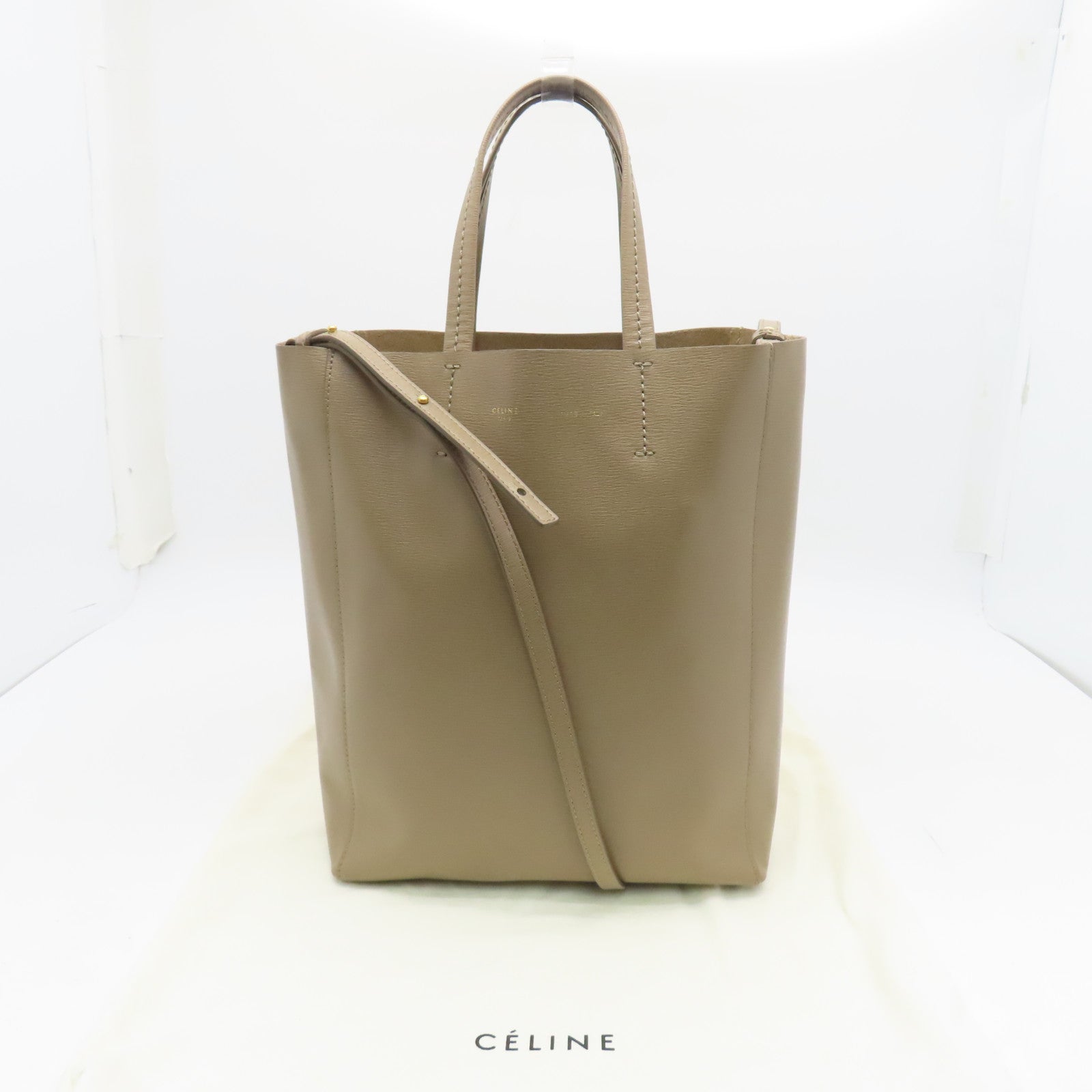 CELINE Cowhide Leather Cabas Gold Buckle Handle Shoulder Bag Beige
