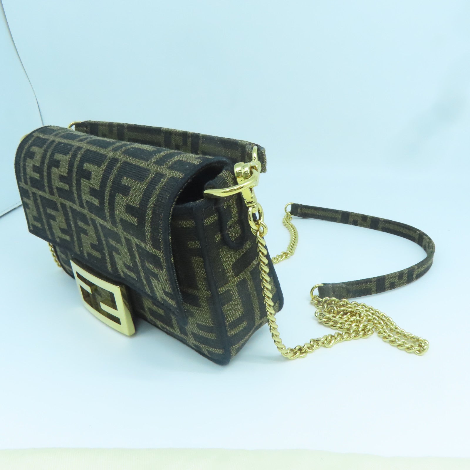 FENDI 帆布Chain Shoulder金扣鏈帶肩背袋棕色