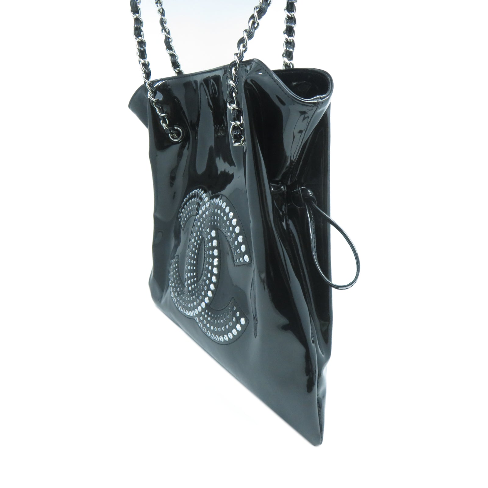 CHANEL 漆皮皮革Shoulder Bag銀扣肩背袋黑色