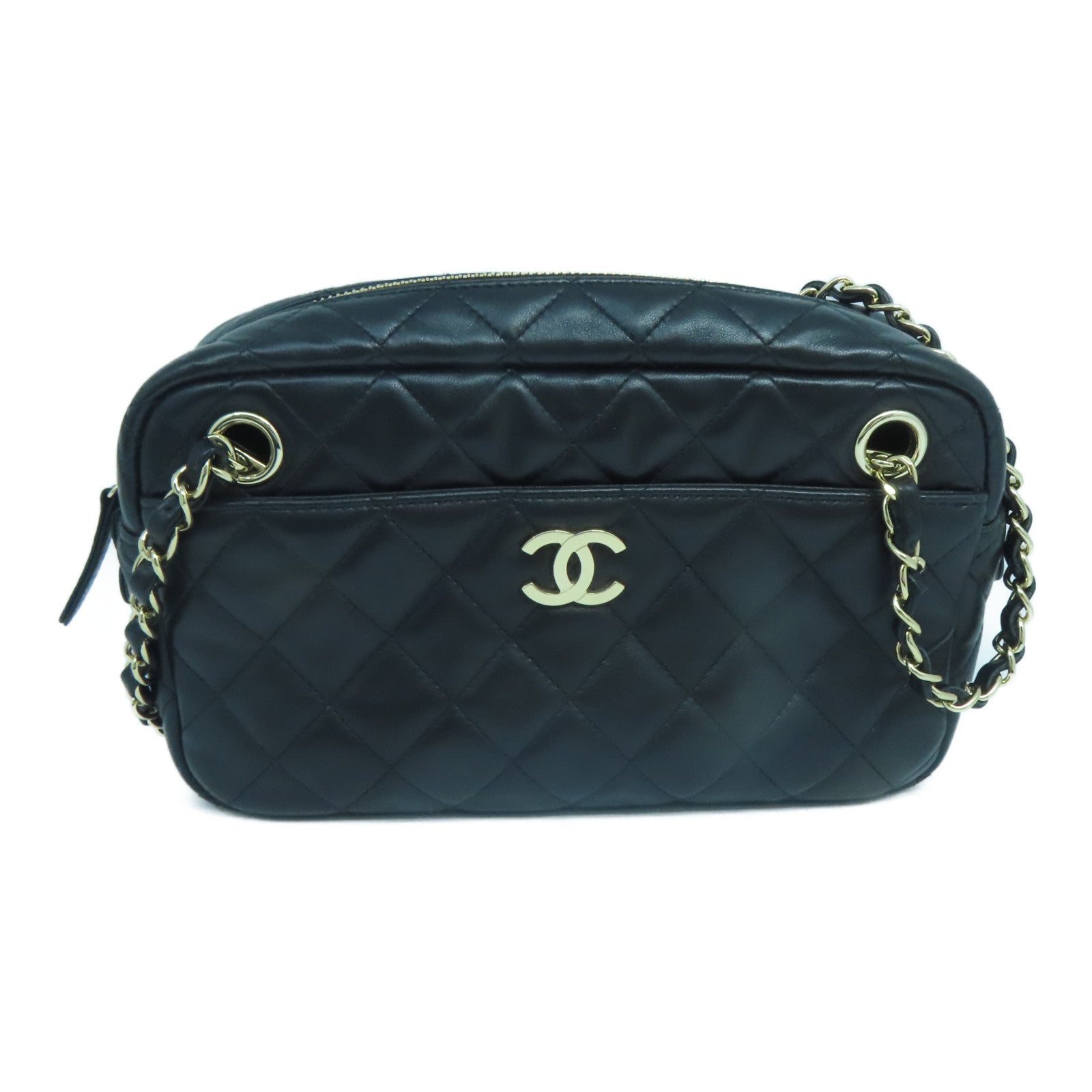CHANEL 菱格羊皮皮革Chain Shoulder金扣鏈帶肩背袋黑色