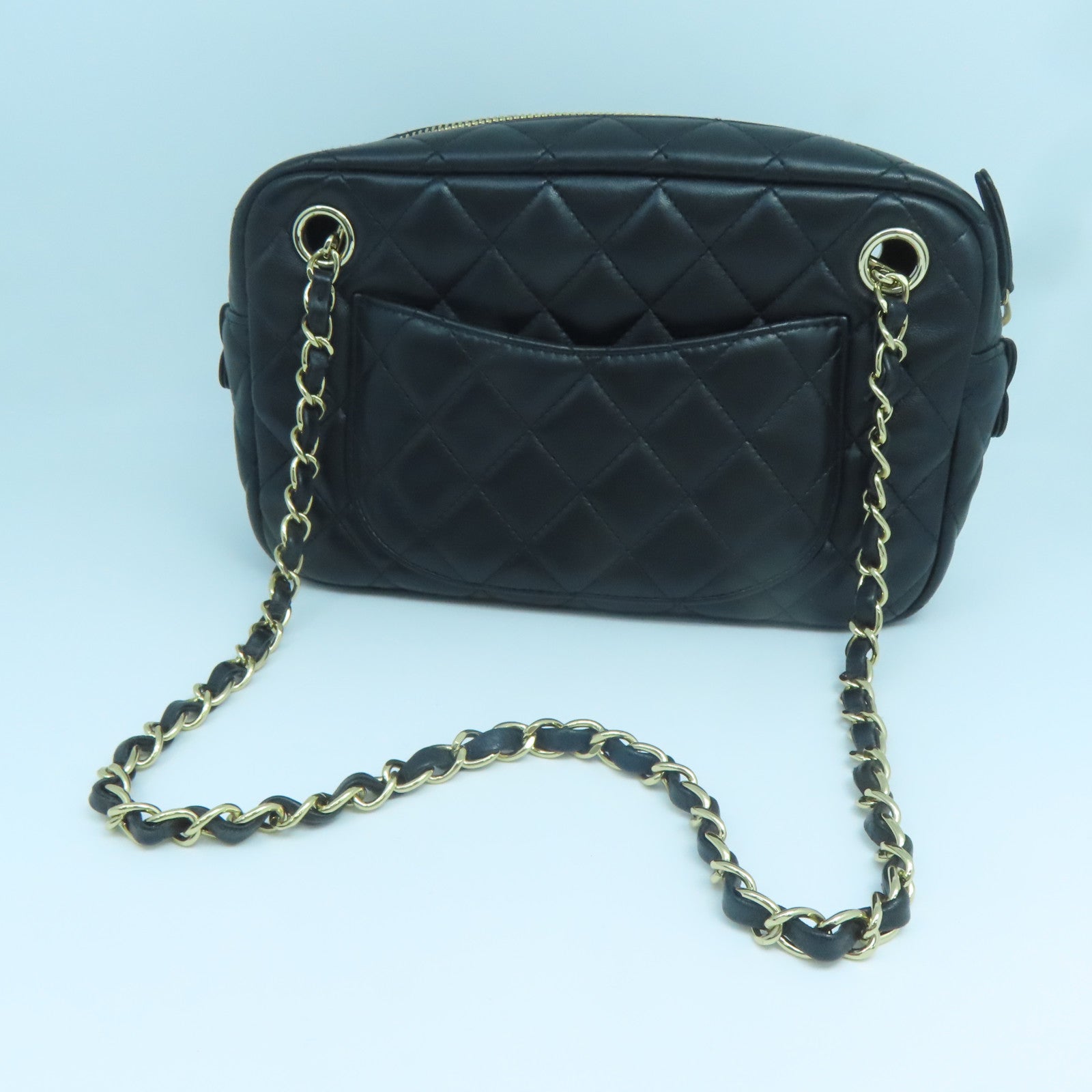 CHANEL 菱格羊皮皮革Chain Shoulder金扣鏈帶肩背袋黑色