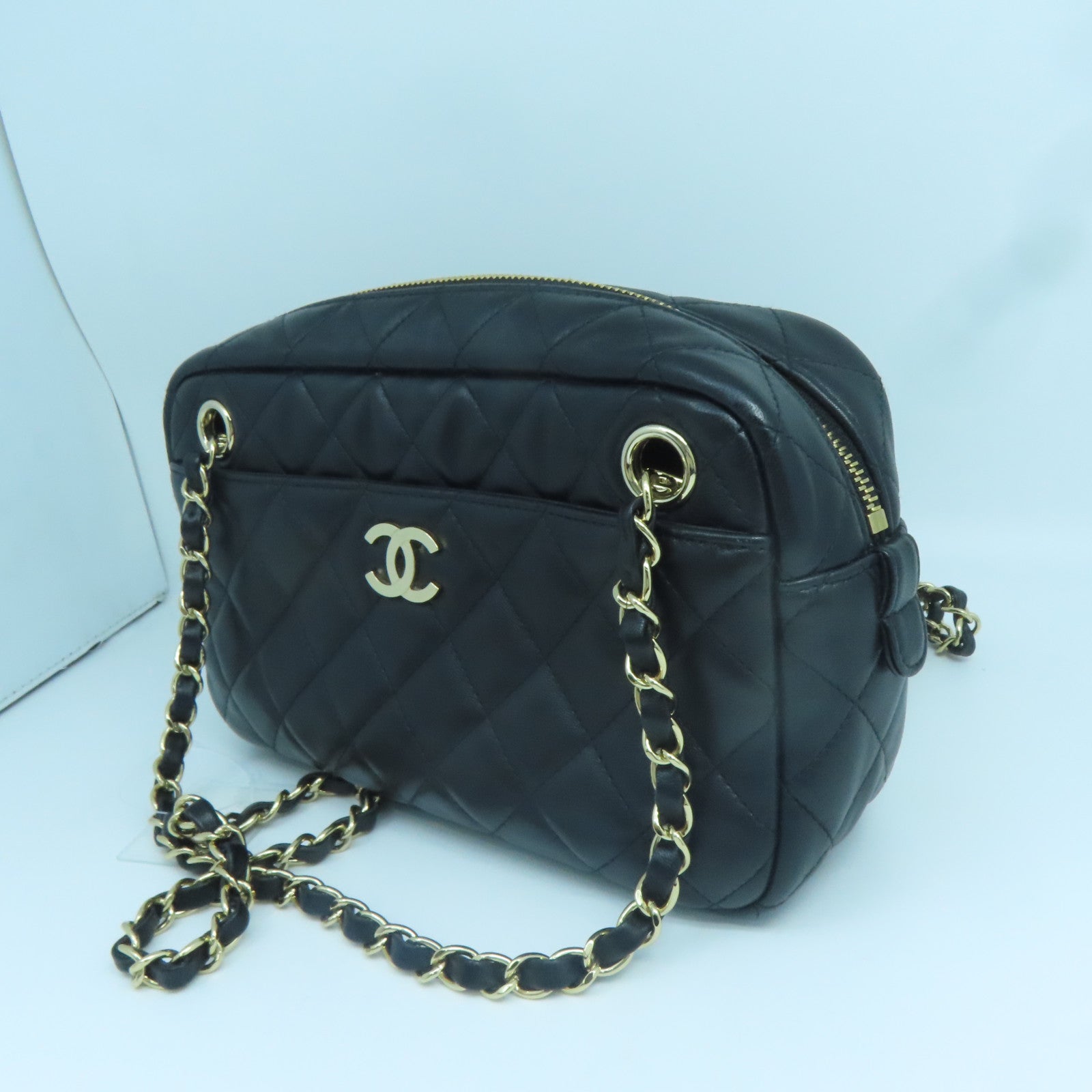 CHANEL 菱格羊皮皮革Chain Shoulder金扣鏈帶肩背袋黑色