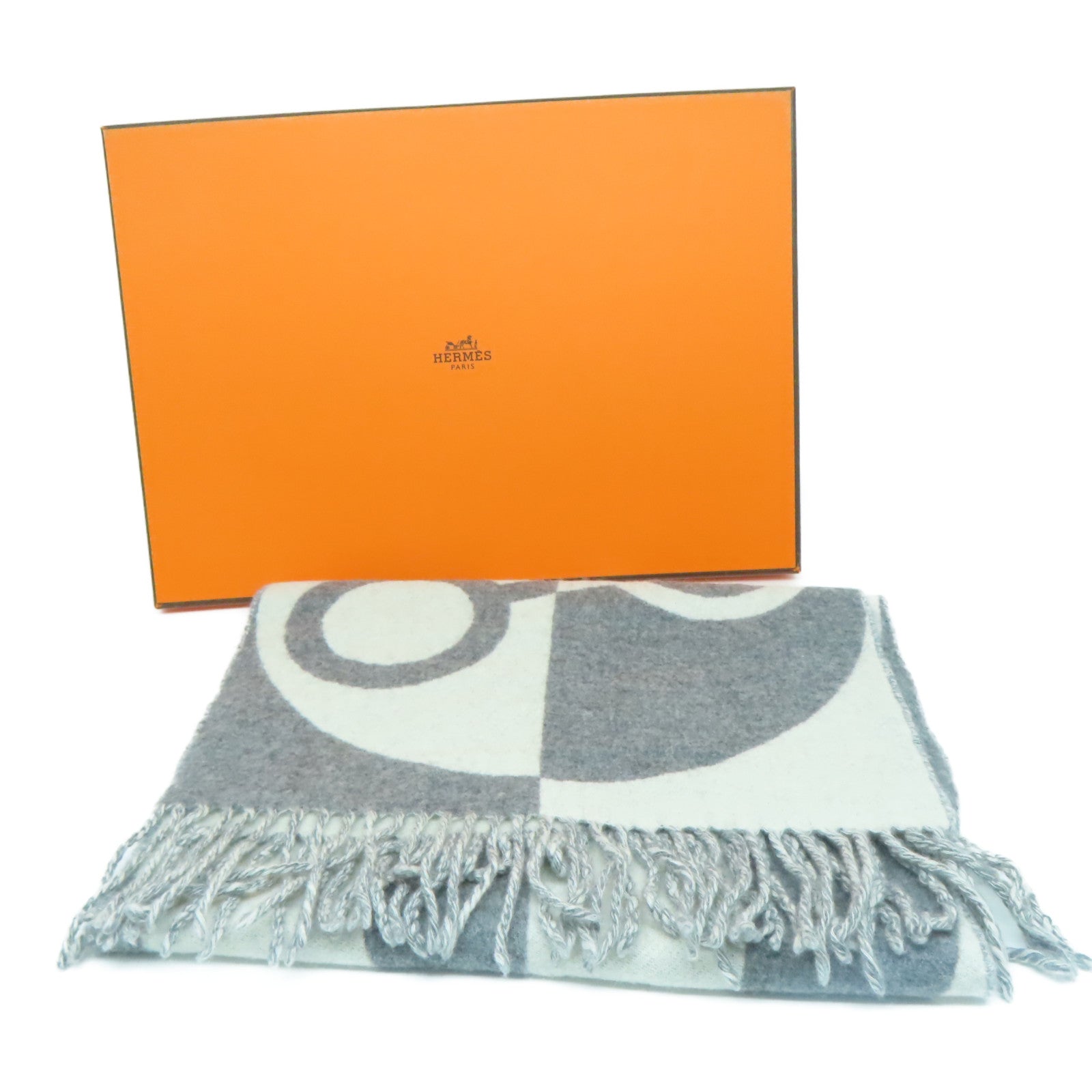 HERMES Cashmere Muffler颈巾灰色/白色