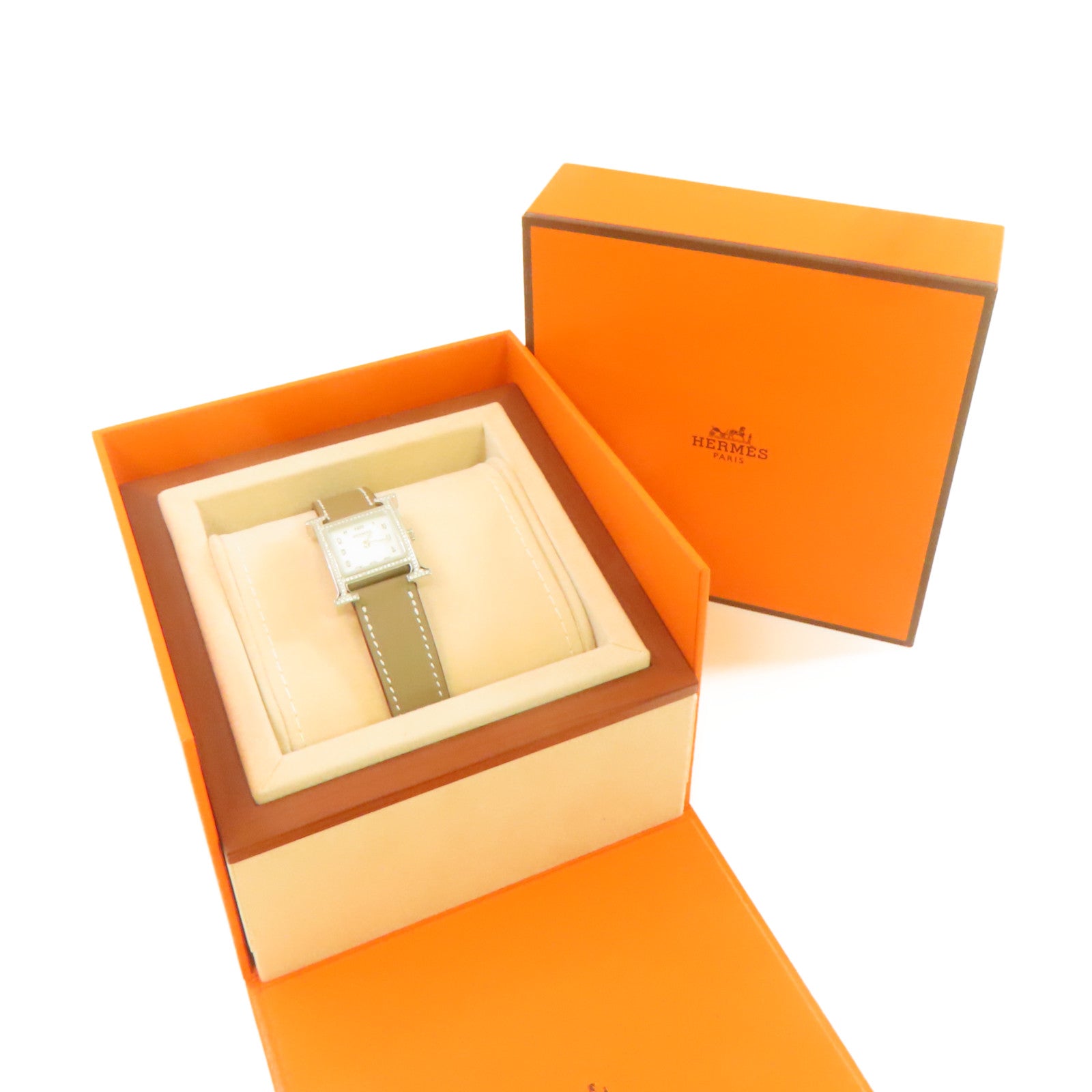 HERMES Heure H Watch牛皮皮革帶/鑽石/不鏽鋼石英機芯手錶白色/Etoupe大象灰色