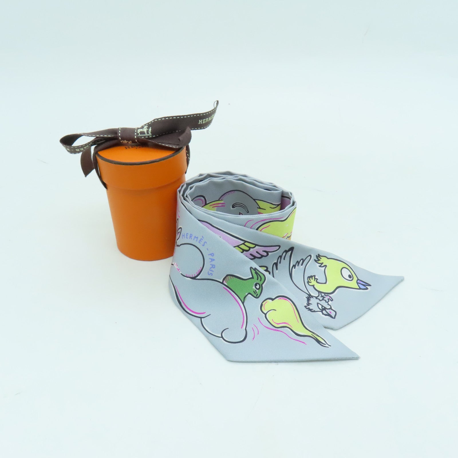 HERMES 【激減優惠】絲質Twilly絲巾灰色/彩色