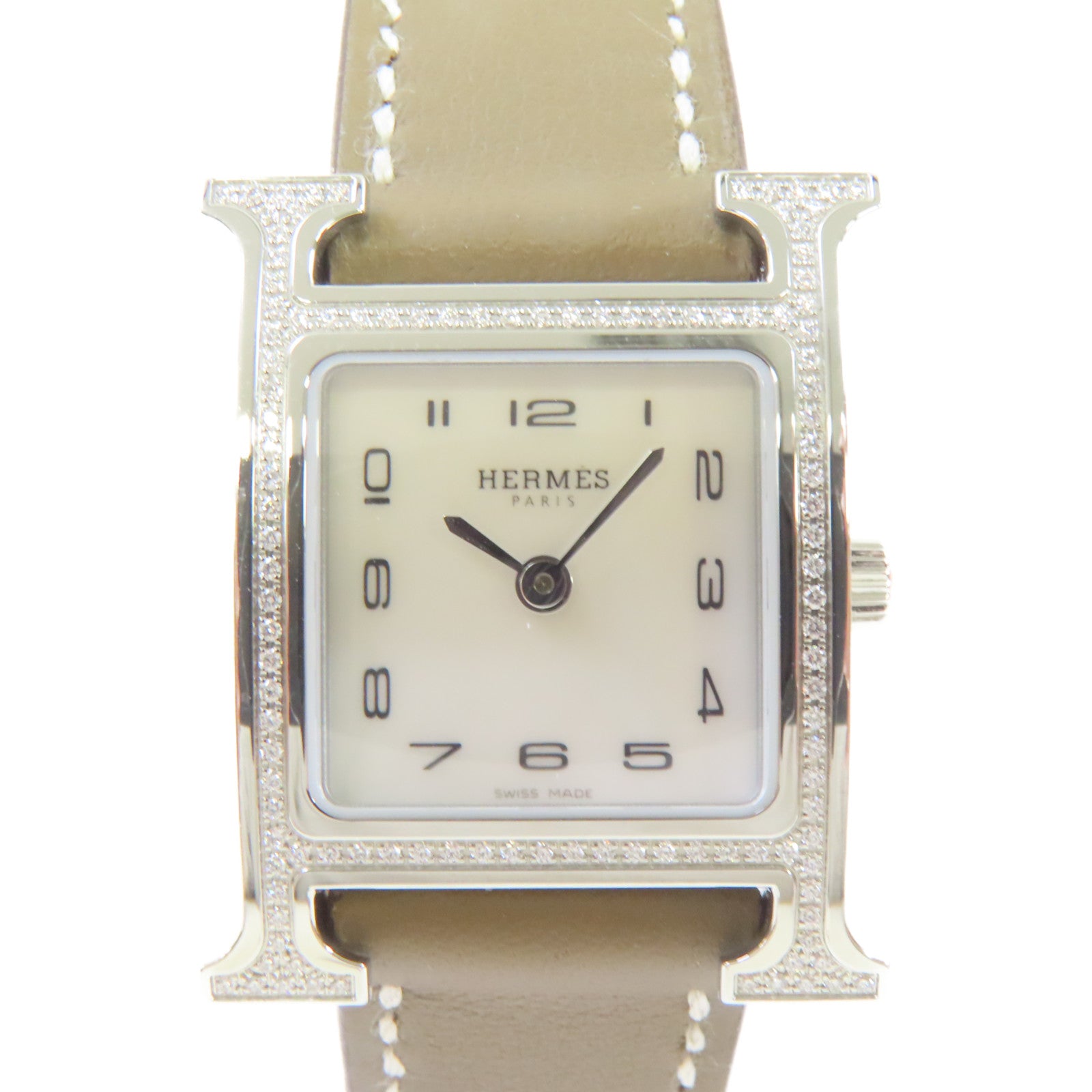 HERMES Heure H Watch牛皮皮革帶/鑽石/不鏽鋼石英機芯手錶白色/Etoupe大象灰色
