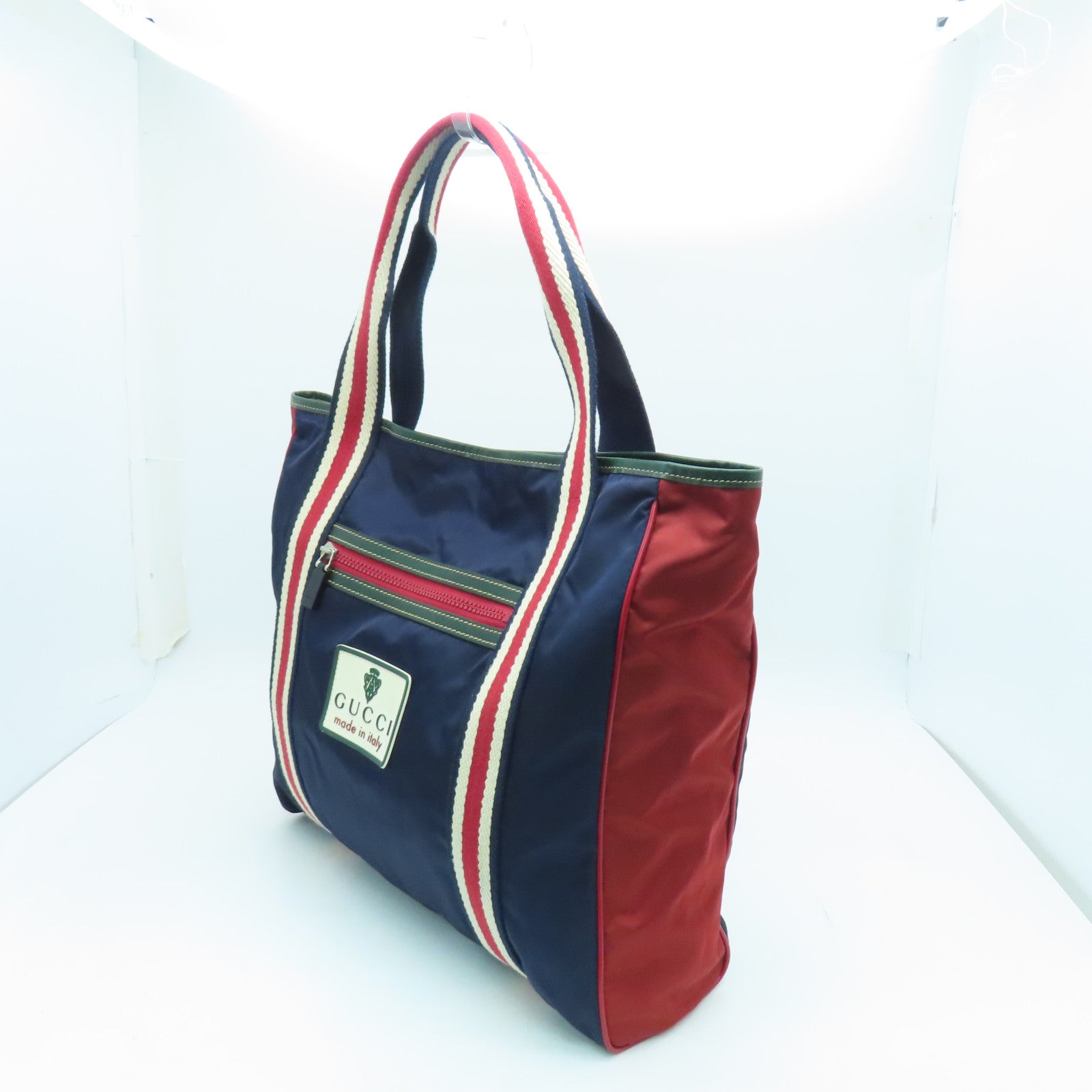 GUCCI Nylon Tote Bag Silver Buckle Hand Bag Dark Blue/Red