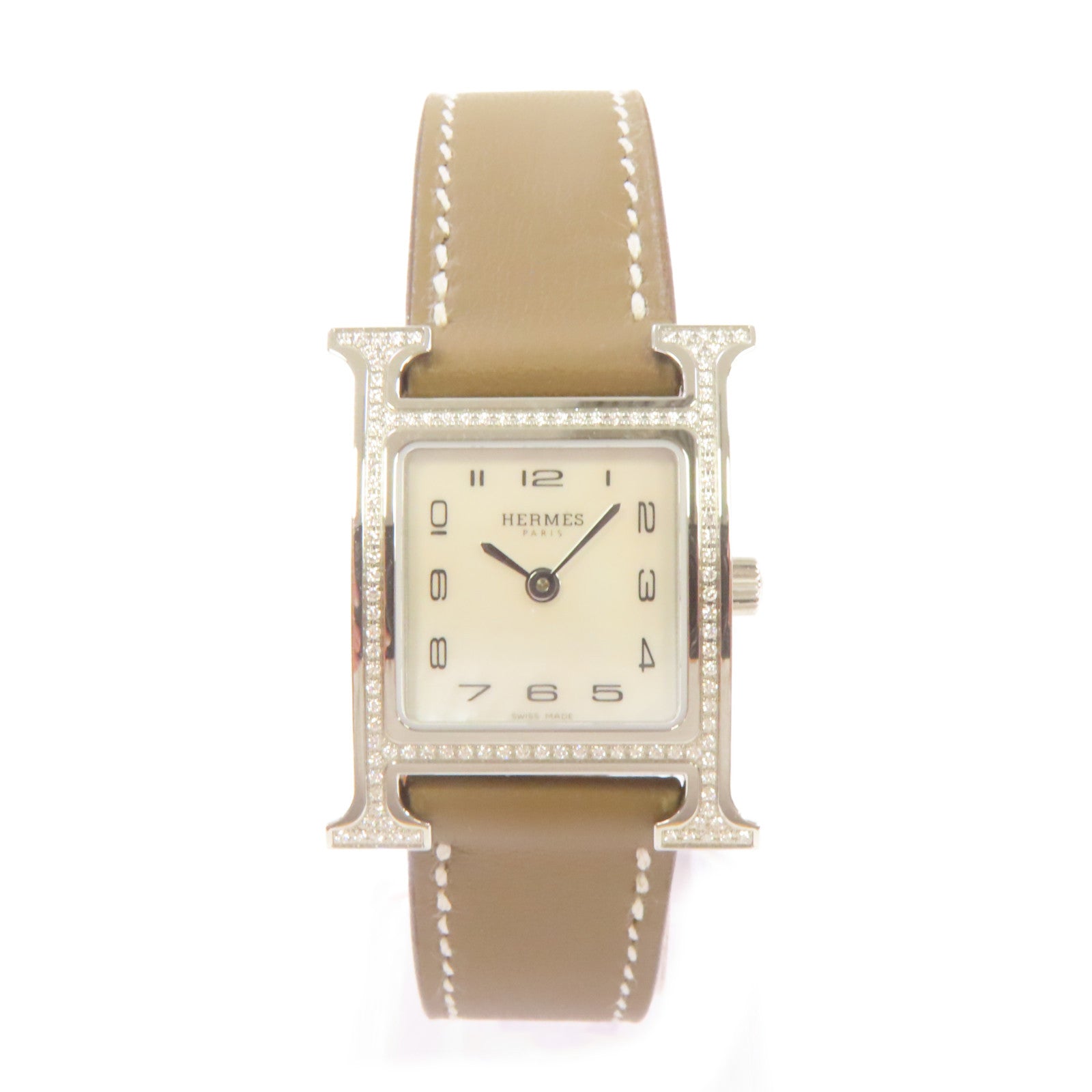 HERMES Heure H Watch牛皮皮革帶/鑽石/不鏽鋼石英機芯手錶白色/Etoupe大象灰色