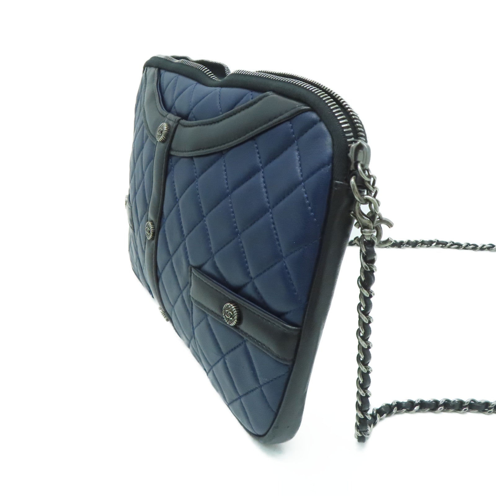 CHANEL 菱格牛皮皮革Chain Shoulder銀扣鏈帶肩背袋深藍色