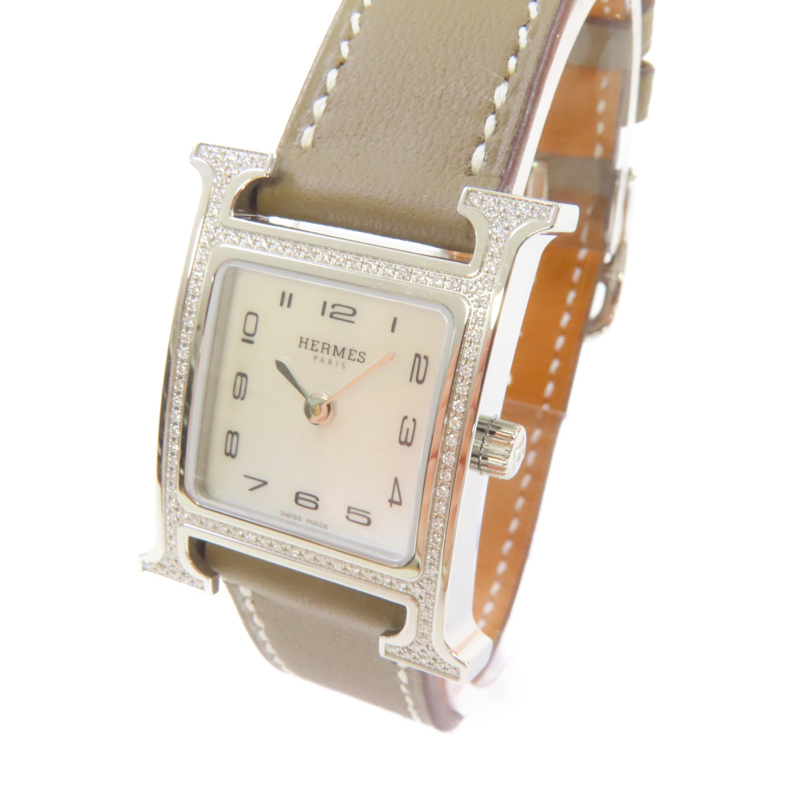 HERMES Heure H Watch牛皮皮革帶/鑽石/不鏽鋼石英機芯手錶白色/Etoupe大象灰色