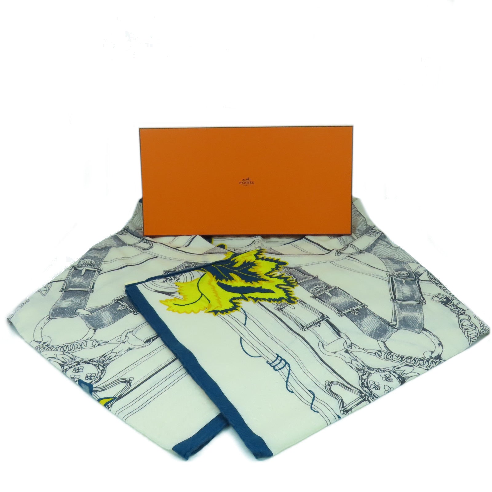 HERMES 羊絨/絲質Scarf 140X140圍巾米色/藍色/黃色