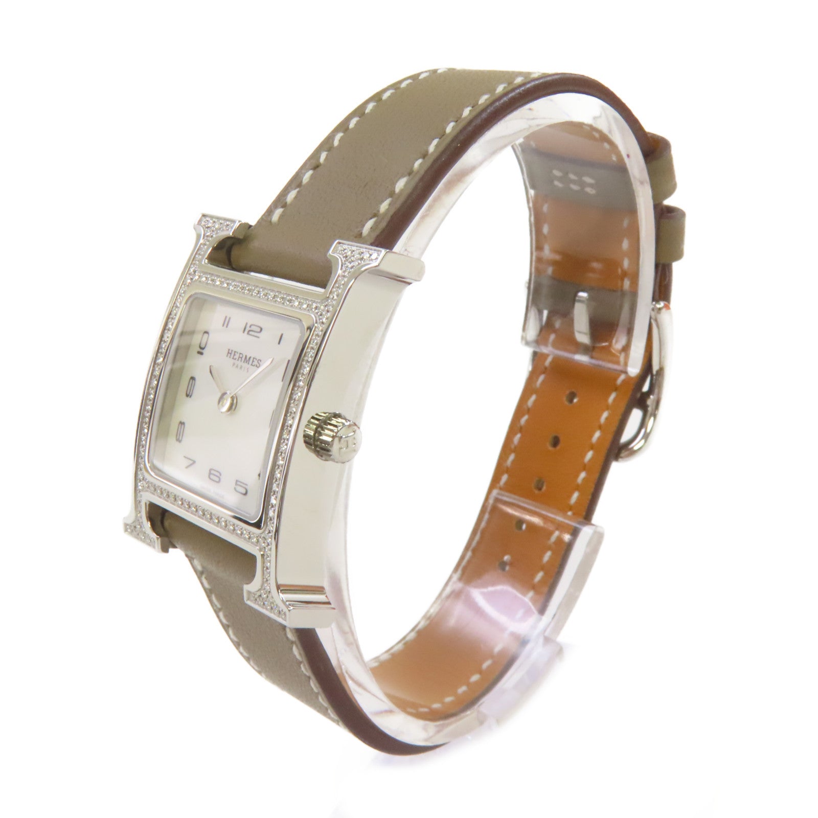 HERMES Heure H Watch牛皮皮革帶/鑽石/不鏽鋼石英機芯手錶白色/Etoupe大象灰色