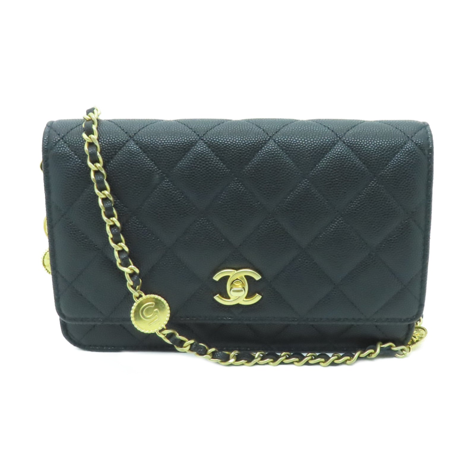 CHANEL 菱格Caviar皮革Chain Shoulder金扣鏈帶肩背袋黑色