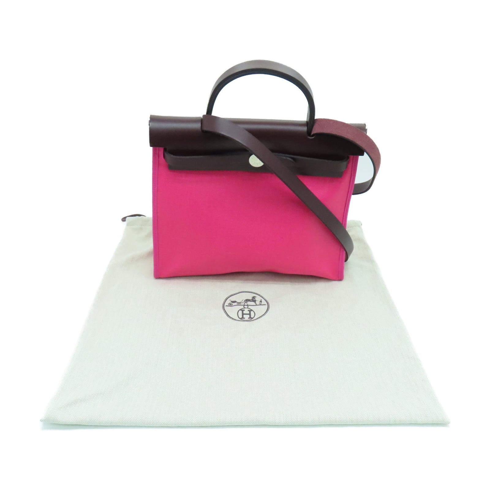 HERMES Toile H Berline Herbag PM銀扣手挽肩背兩用袋亮桃紅色