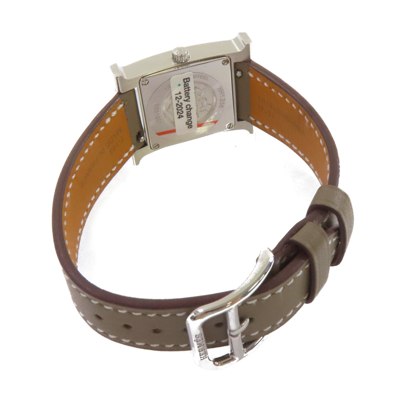 HERMES Heure H Watch牛皮皮革帶/鑽石/不鏽鋼石英機芯手錶白色/Etoupe大象灰色