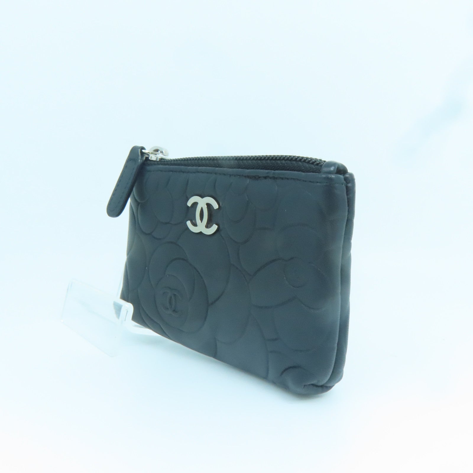 CHANEL 羊皮皮革Coin Case銀扣零錢包黑色