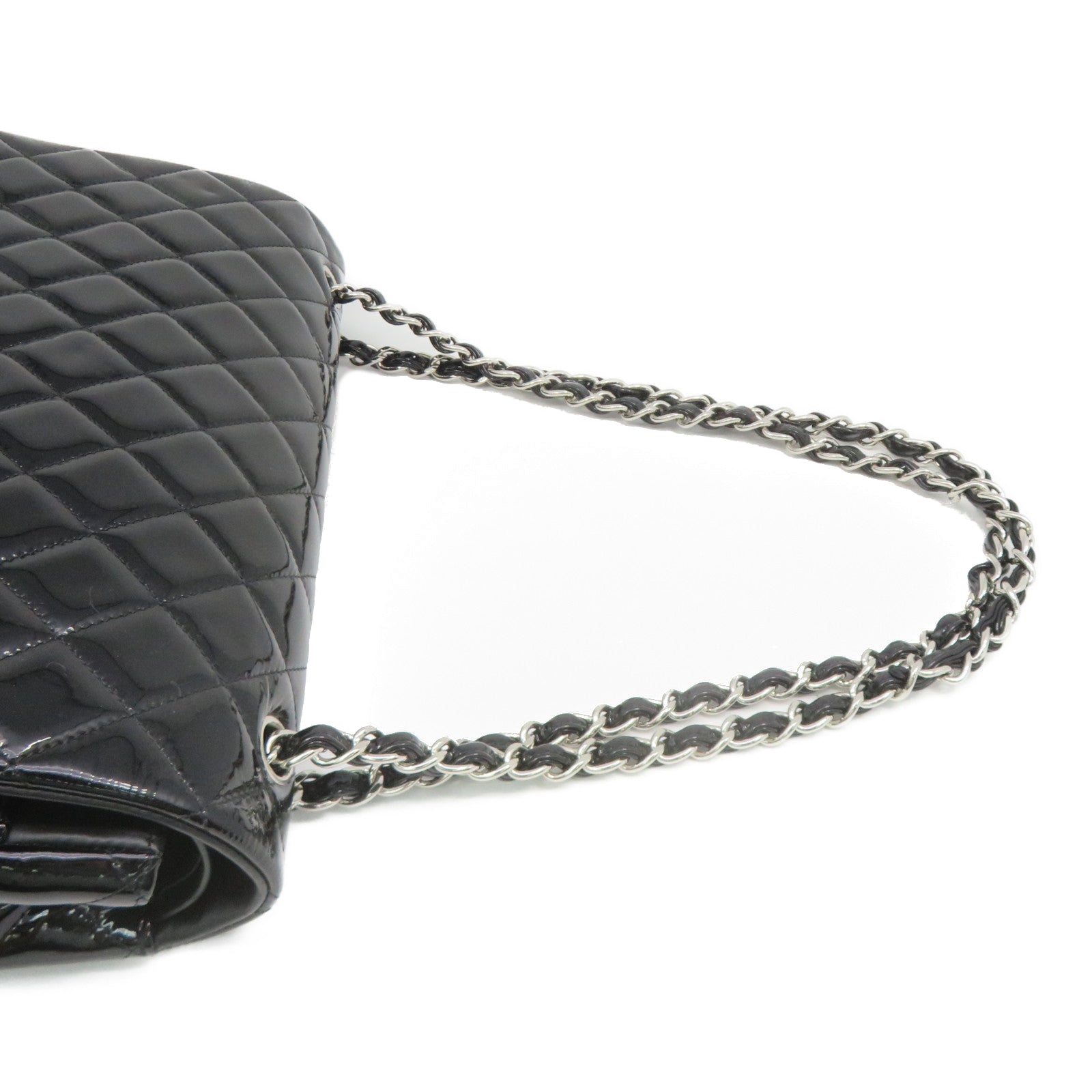 CHANEL 【激减优惠】菱格漆皮皮革Maxi Classic Flap Bag银扣链带肩背袋黑色