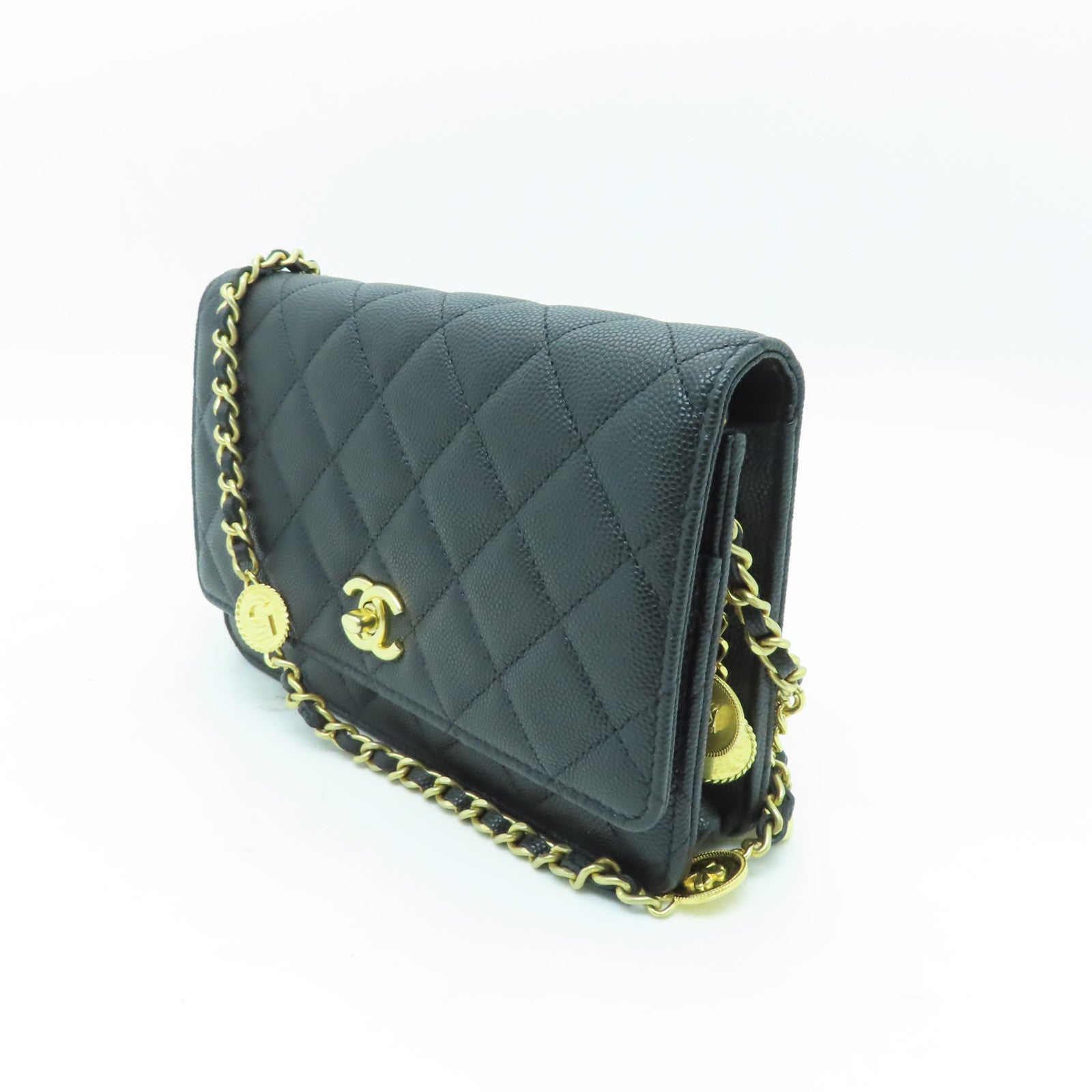 CHANEL 菱格Caviar皮革Chain Shoulder金扣鏈帶肩背袋黑色