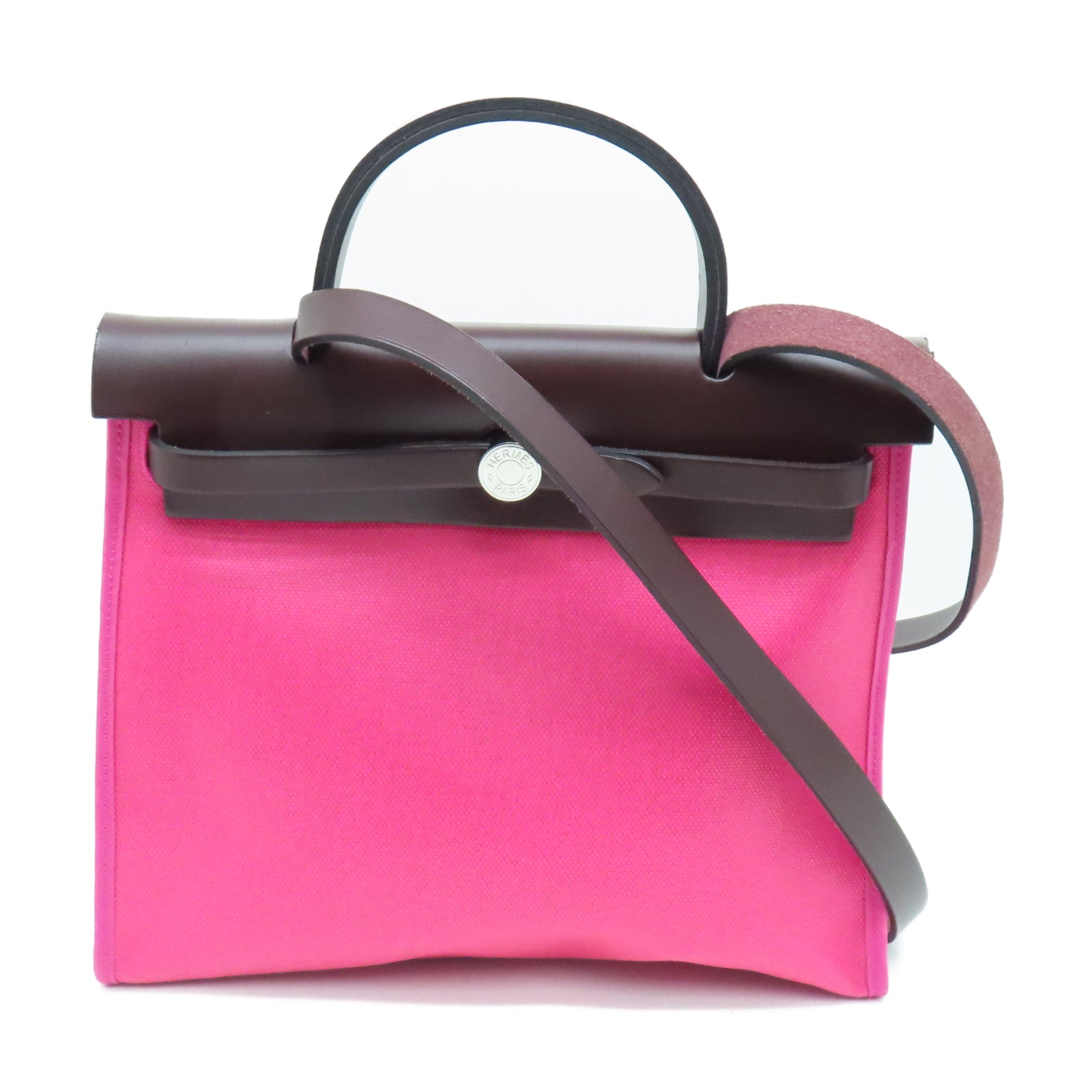 HERMES Toile H Berline Herbag PM銀扣手挽肩背兩用袋亮桃紅色