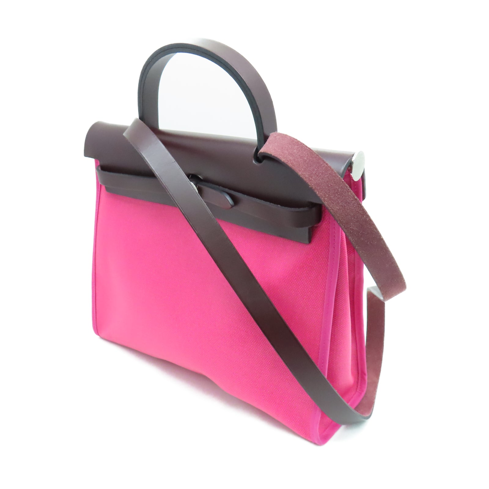 HERMES Toile H Berline Herbag PM銀扣手挽肩背兩用袋亮桃紅色