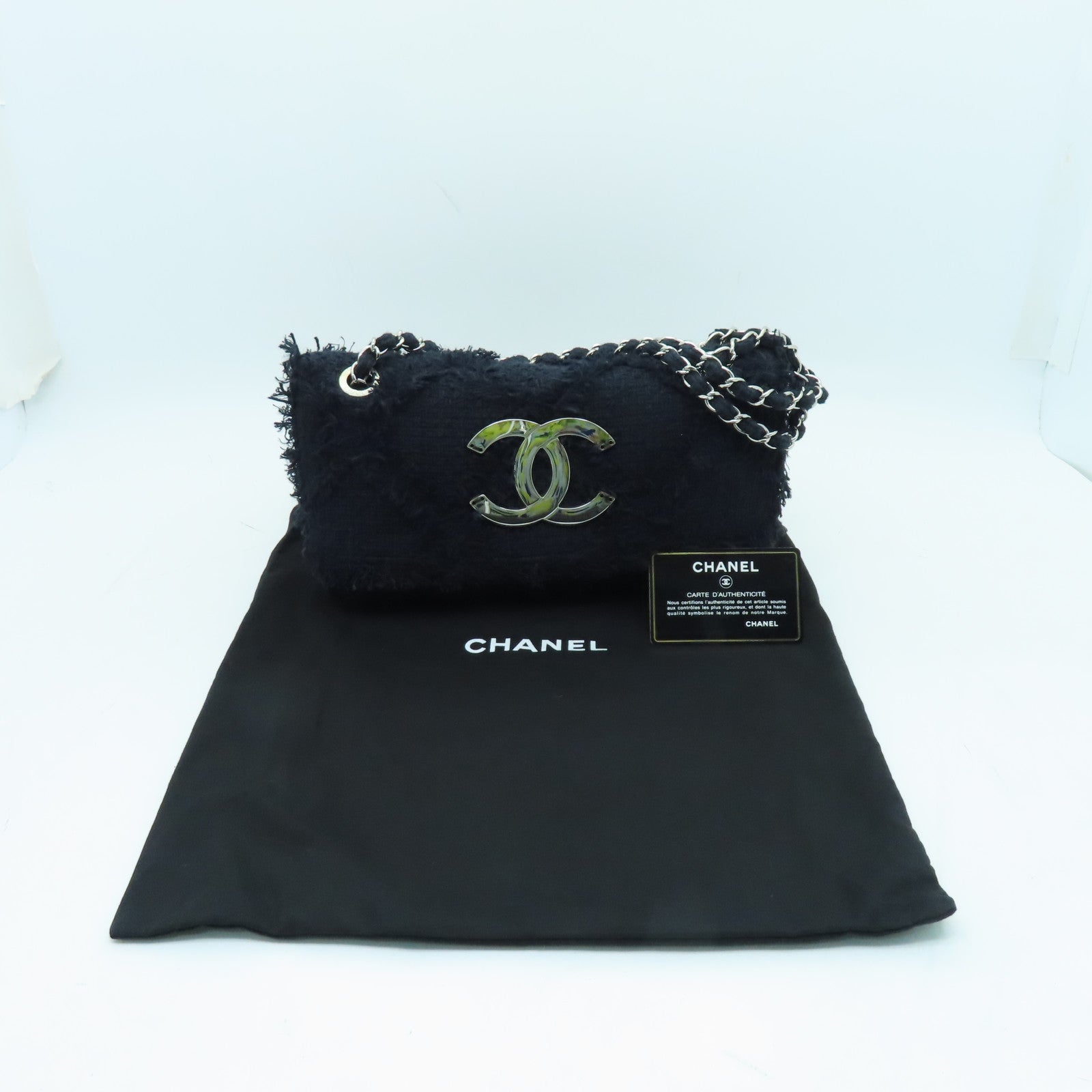 CHANEL 【激減優惠】菱格斜紋軟呢Chain Shoulder Bag銀扣鏈帶肩背袋深藍色