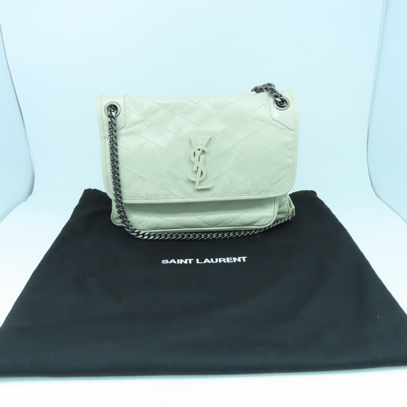 SAINT LAURENT 牛皮皮革Shoulder Bag銀扣鏈帶肩背袋白色