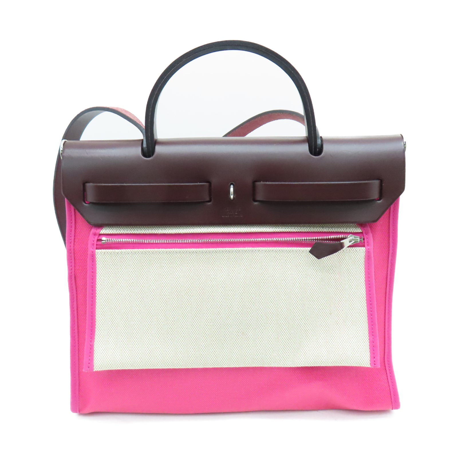 HERMES Toile H Berline Herbag PM銀扣手挽肩背兩用袋亮桃紅色