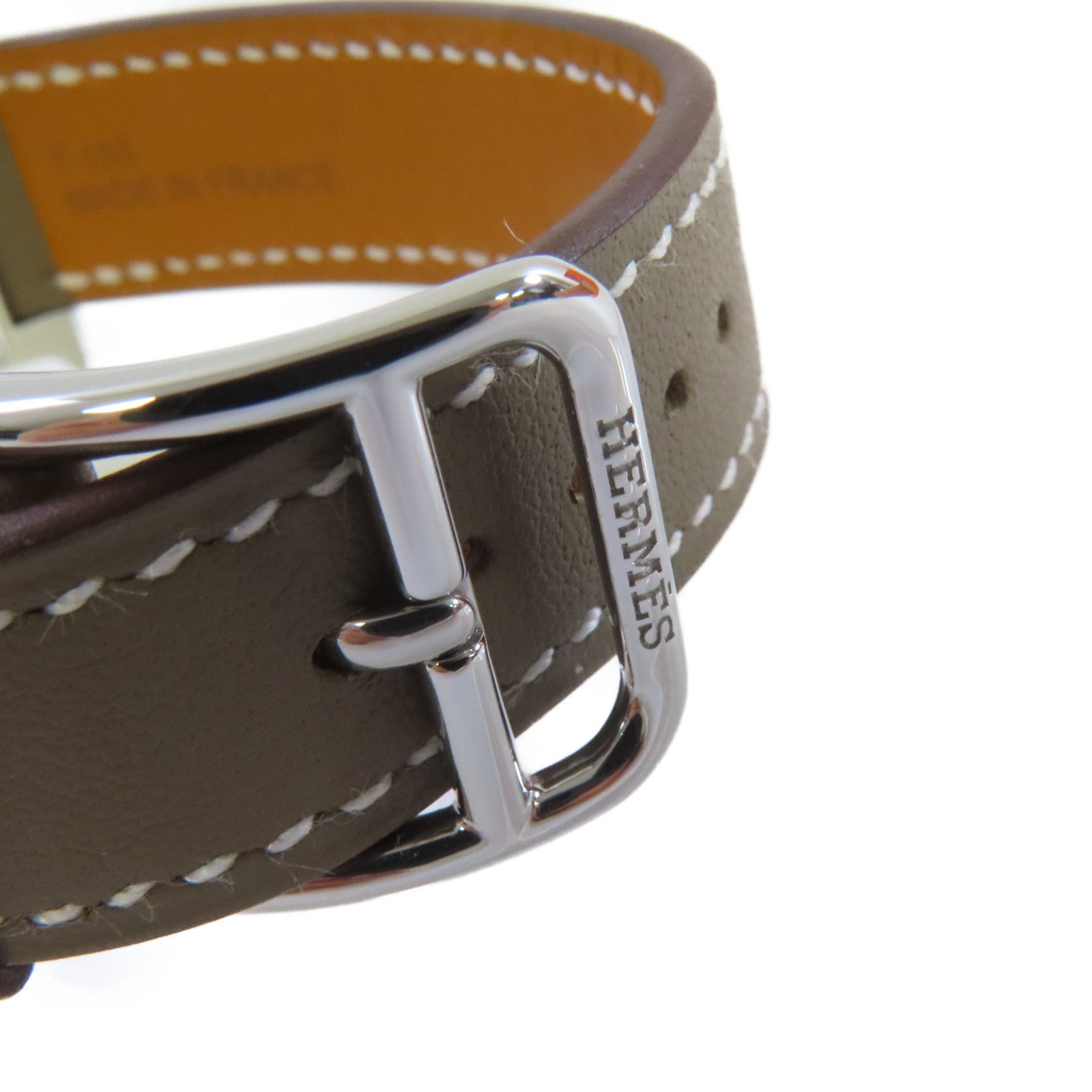 HERMES Heure H Watch牛皮皮革帶/鑽石/不鏽鋼石英機芯手錶白色/Etoupe大象灰色