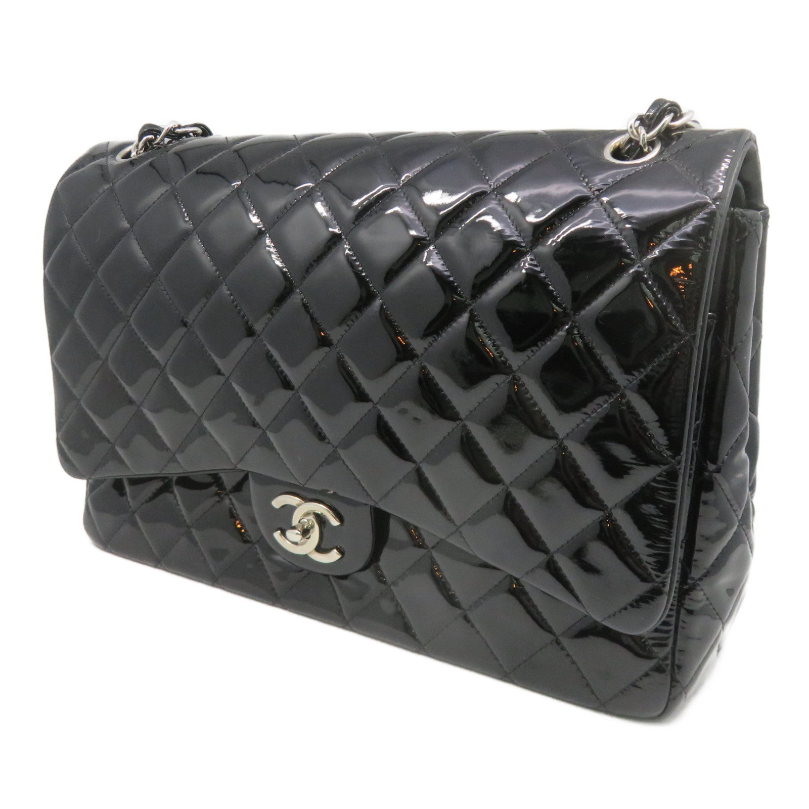 CHANEL 【激减优惠】菱格漆皮皮革Maxi Classic Flap Bag银扣链带肩背袋黑色