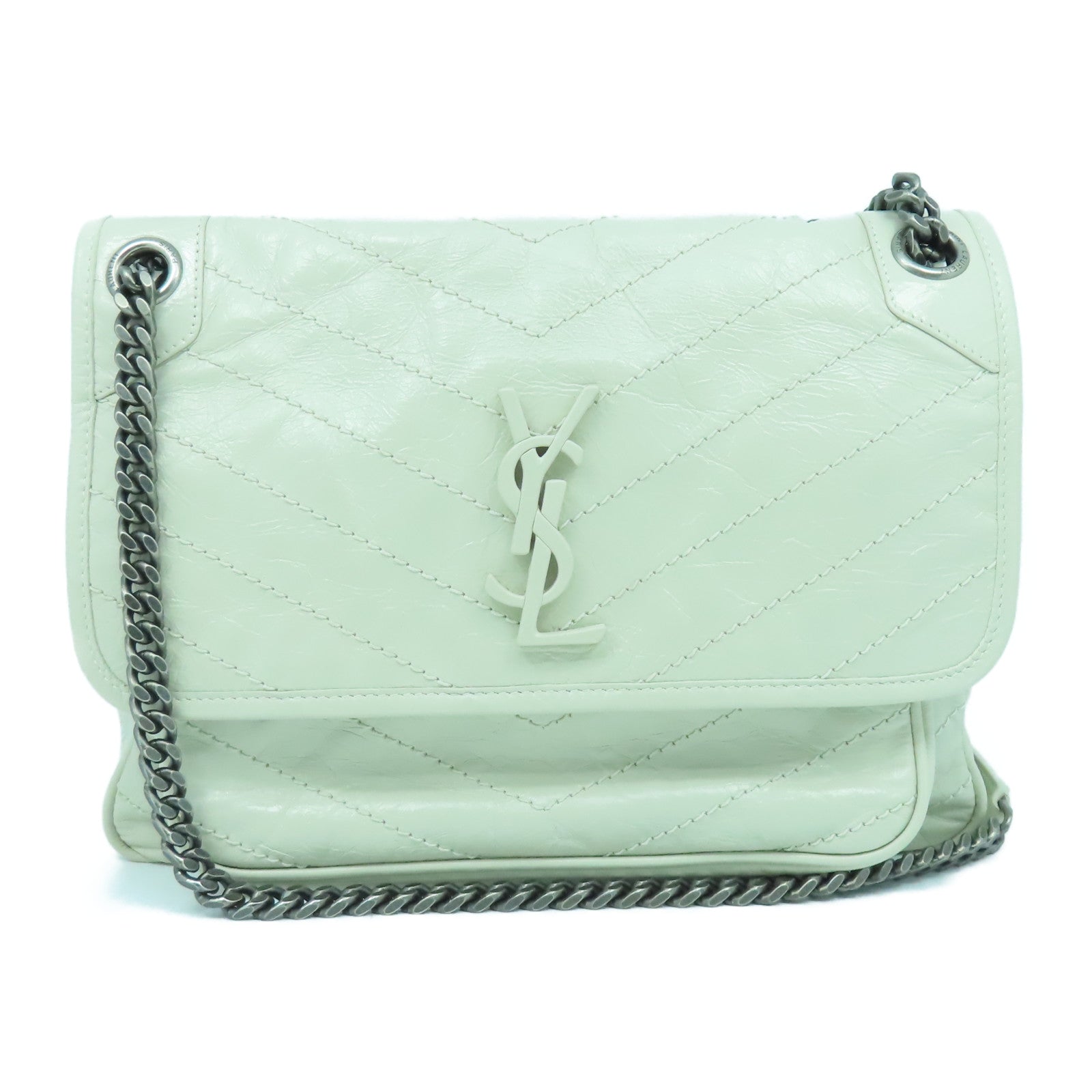 SAINT LAURENT 牛皮皮革Shoulder Bag銀扣鏈帶肩背袋白色