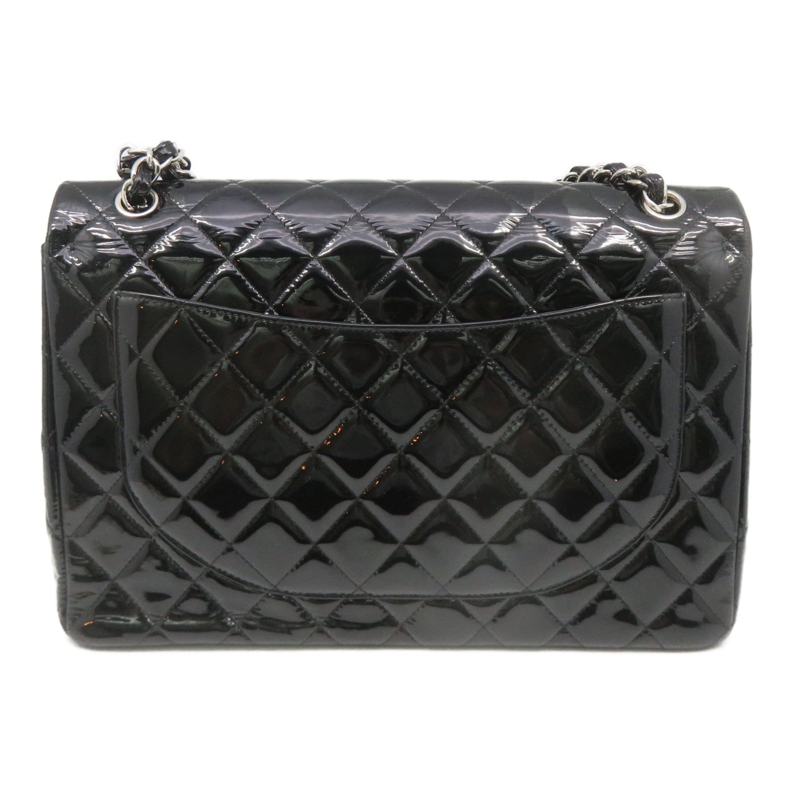CHANEL 【激减优惠】菱格漆皮皮革Maxi Classic Flap Bag银扣链带肩背袋黑色