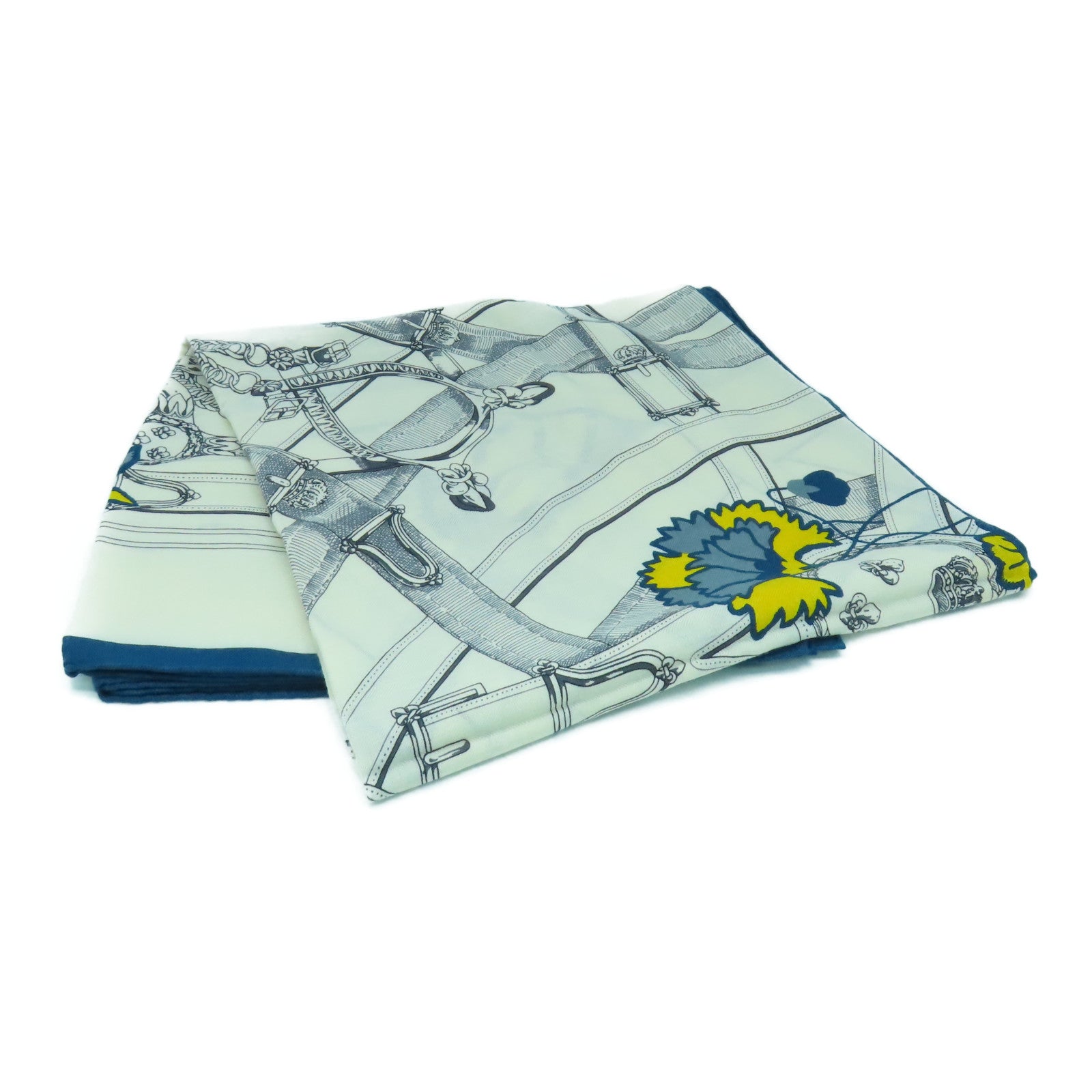 HERMES 羊絨/絲質Scarf 140X140圍巾米色/藍色/黃色