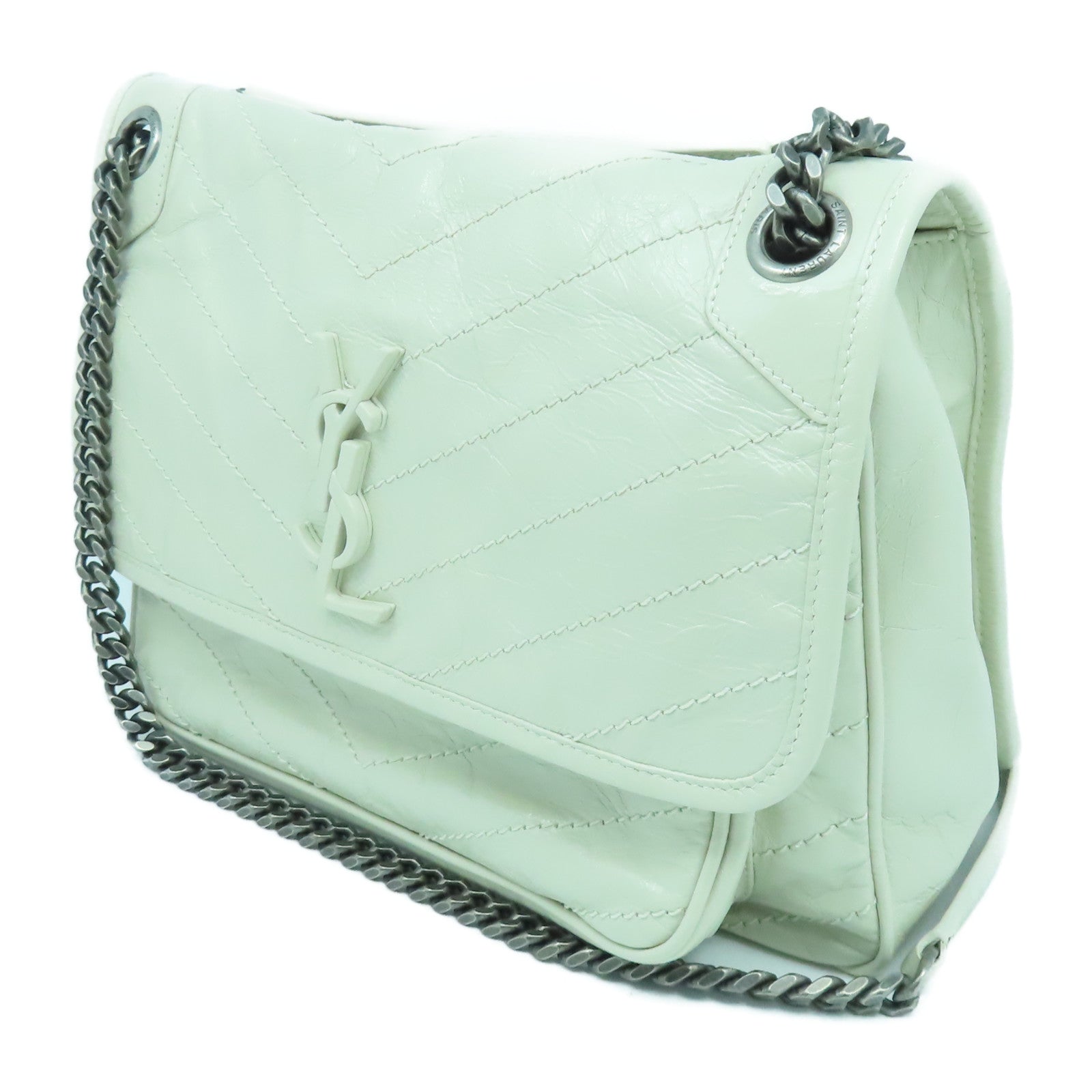 SAINT LAURENT 牛皮皮革Shoulder Bag銀扣鏈帶肩背袋白色