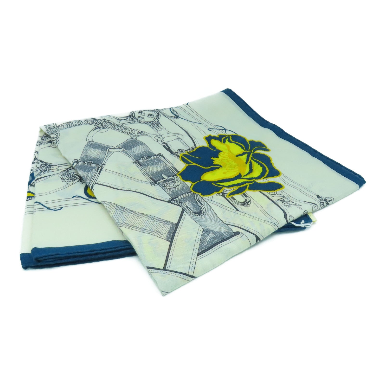HERMES 羊絨/絲質Scarf 140X140圍巾米色/藍色/黃色