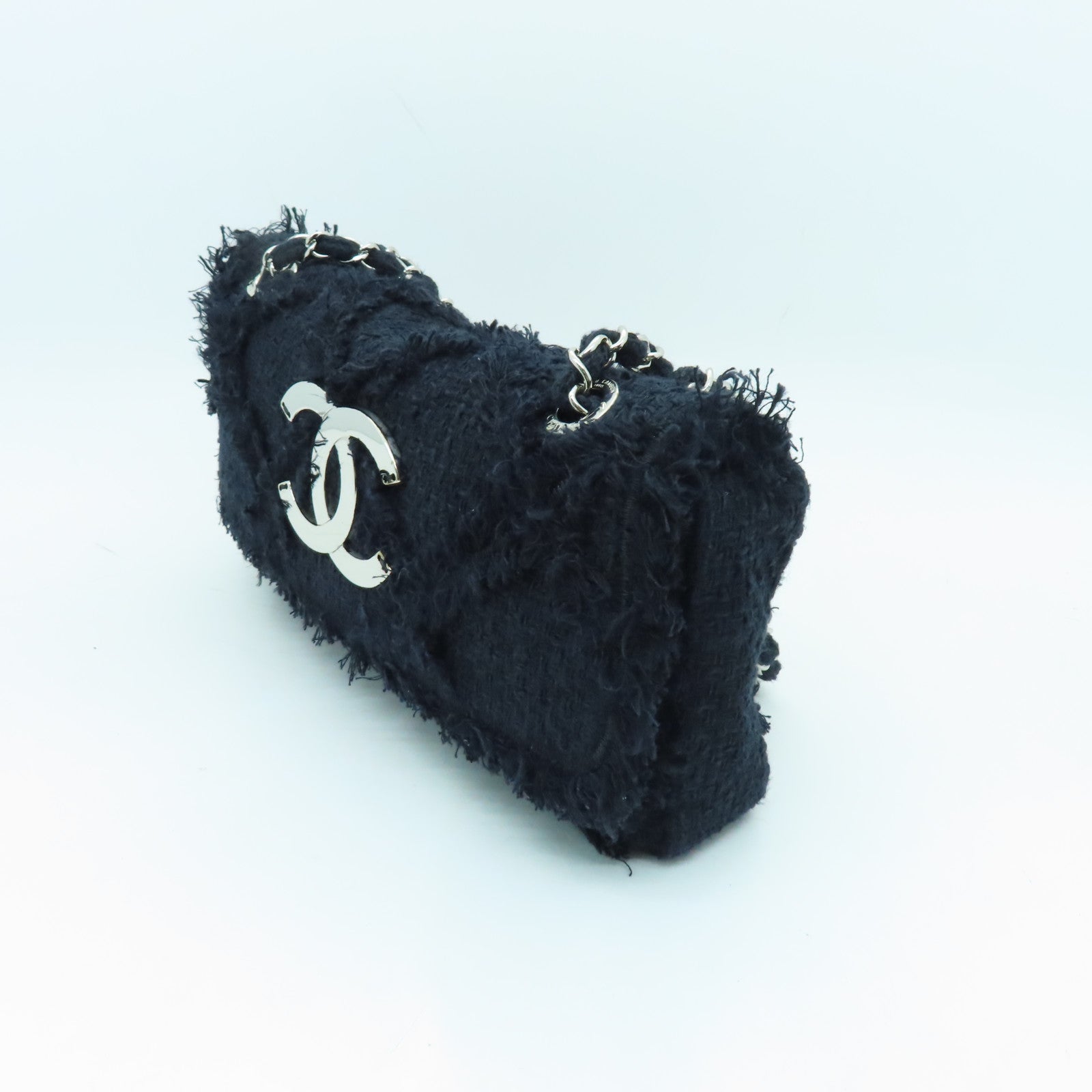 CHANEL 【激減優惠】菱格斜紋軟呢Chain Shoulder Bag銀扣鏈帶肩背袋深藍色