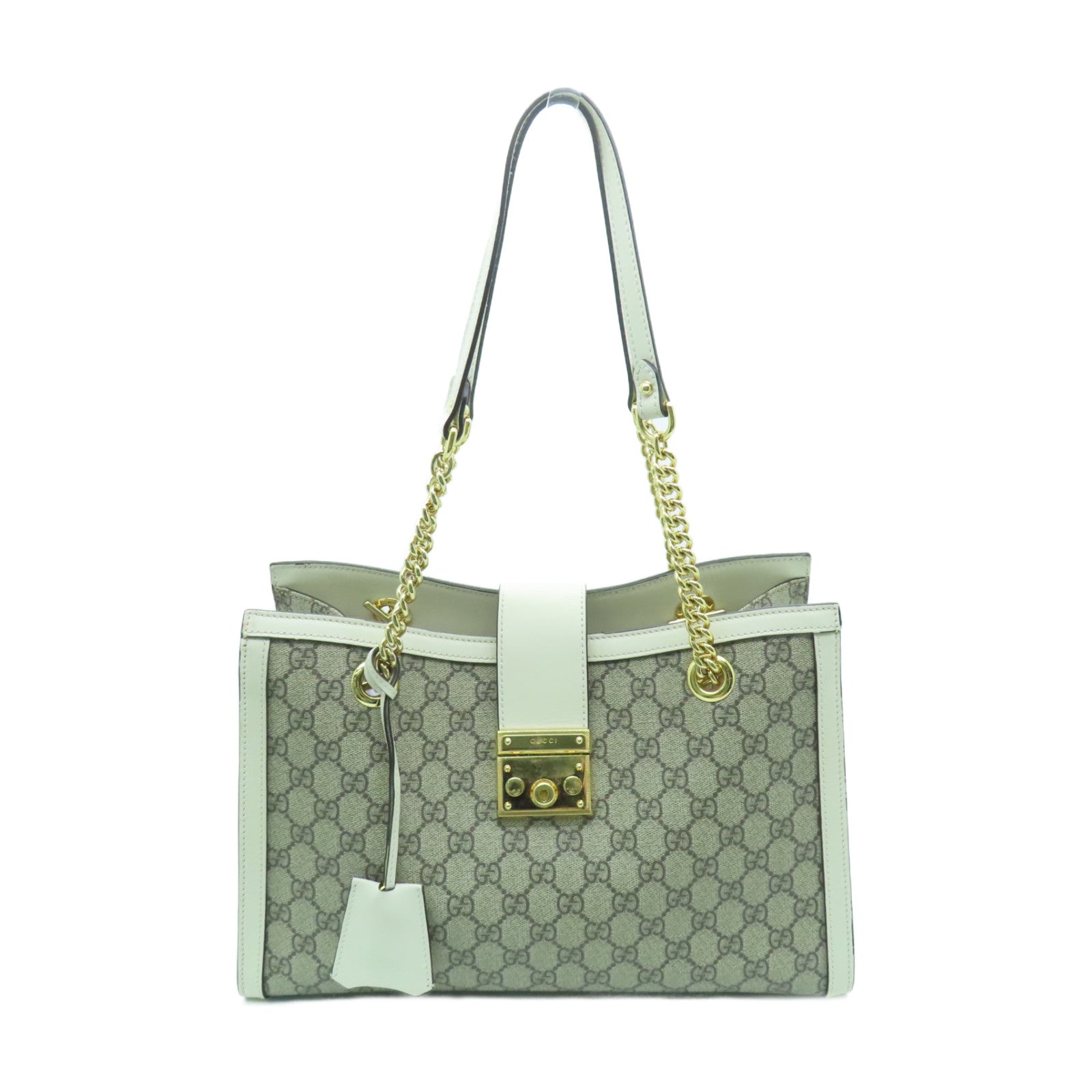 GUCCI 塗層帆布Padlock Medium Chain Shoulder Bag金扣鏈帶肩背袋棕色/白色
