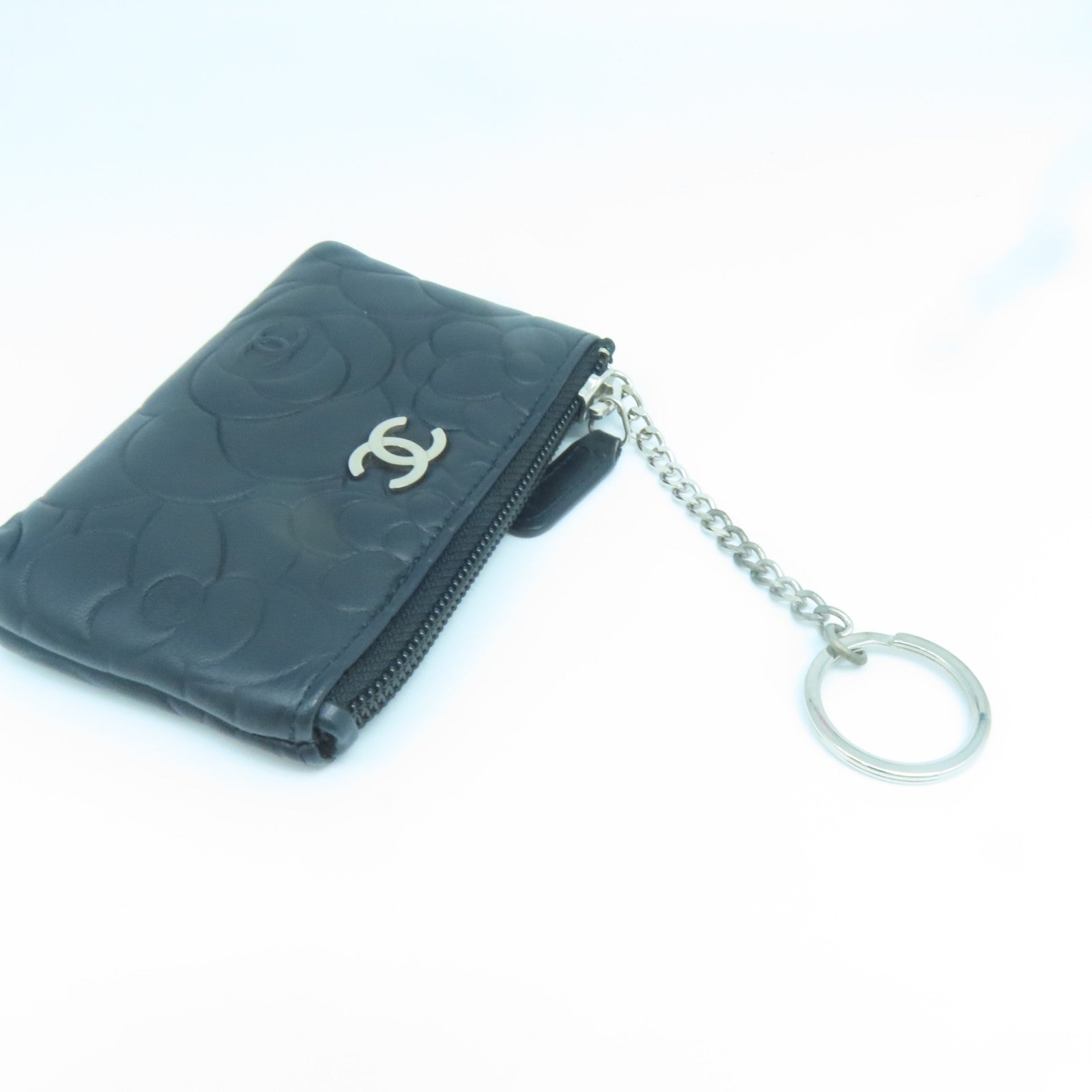 CHANEL Sheepskin Leather Coin Case Silver Buckle Coin Purse Black