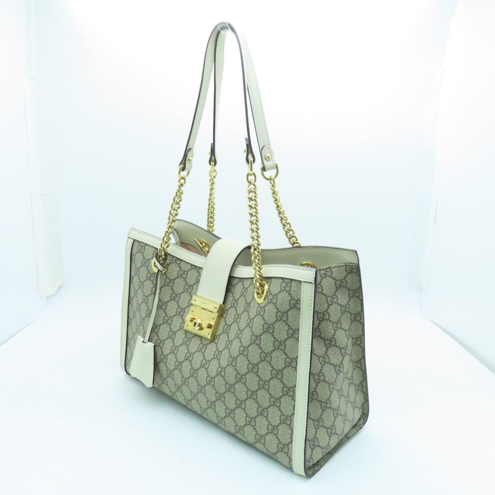 GUCCI 塗層帆布Padlock Medium Chain Shoulder Bag金扣鏈帶肩背袋棕色/白色