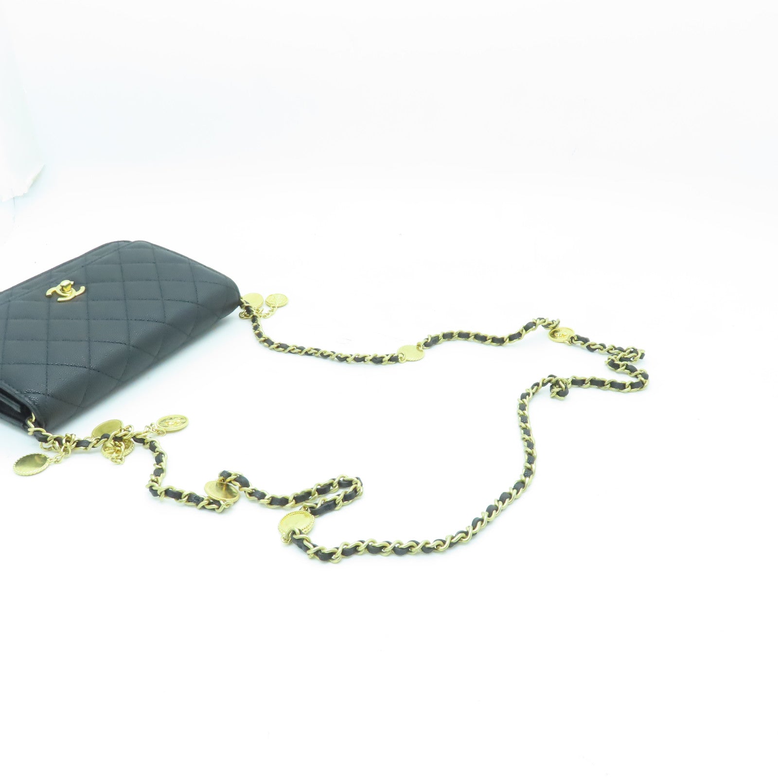 CHANEL 菱格Caviar皮革Chain Shoulder金扣鏈帶肩背袋黑色