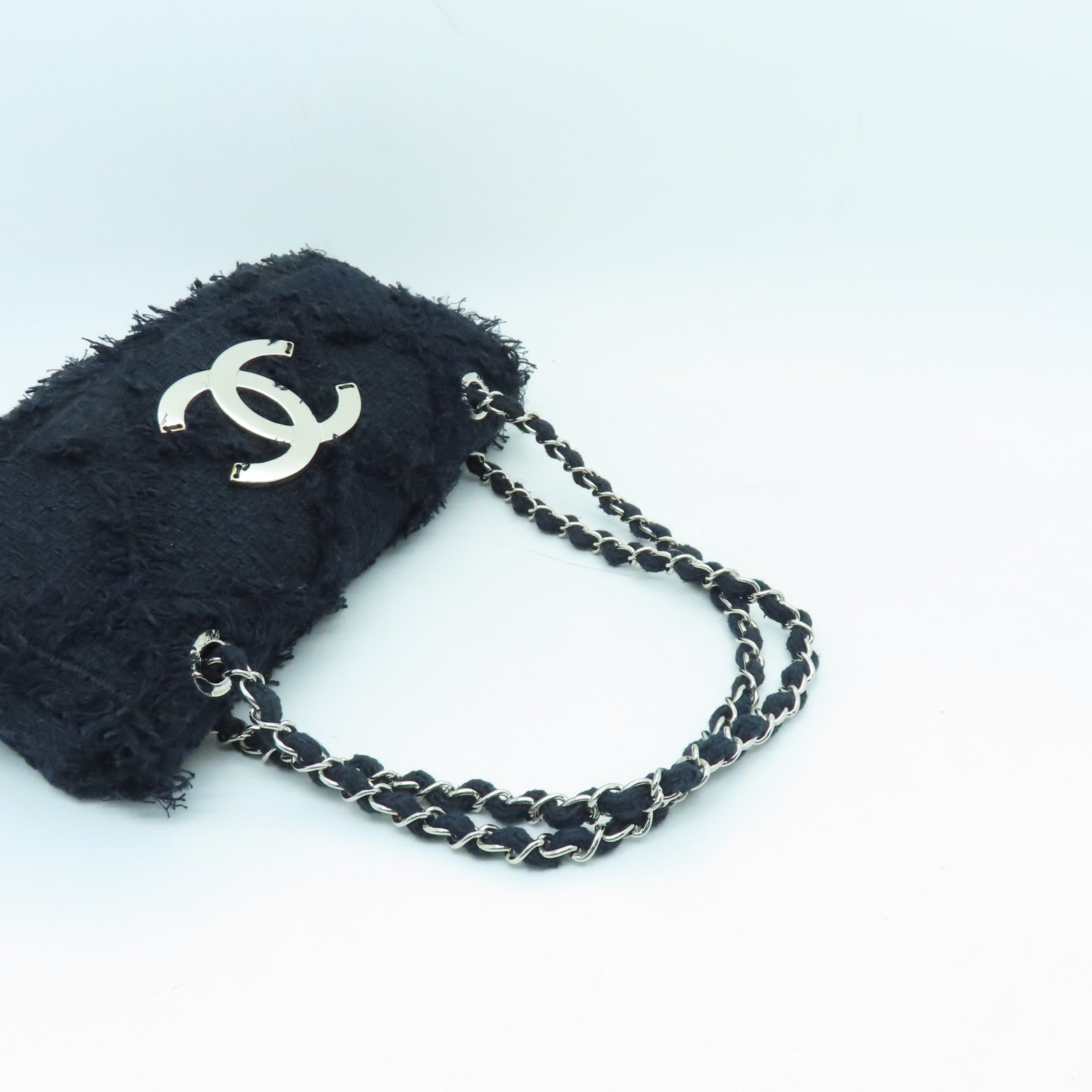 CHANEL 【激減優惠】菱格斜紋軟呢Chain Shoulder Bag銀扣鏈帶肩背袋深藍色