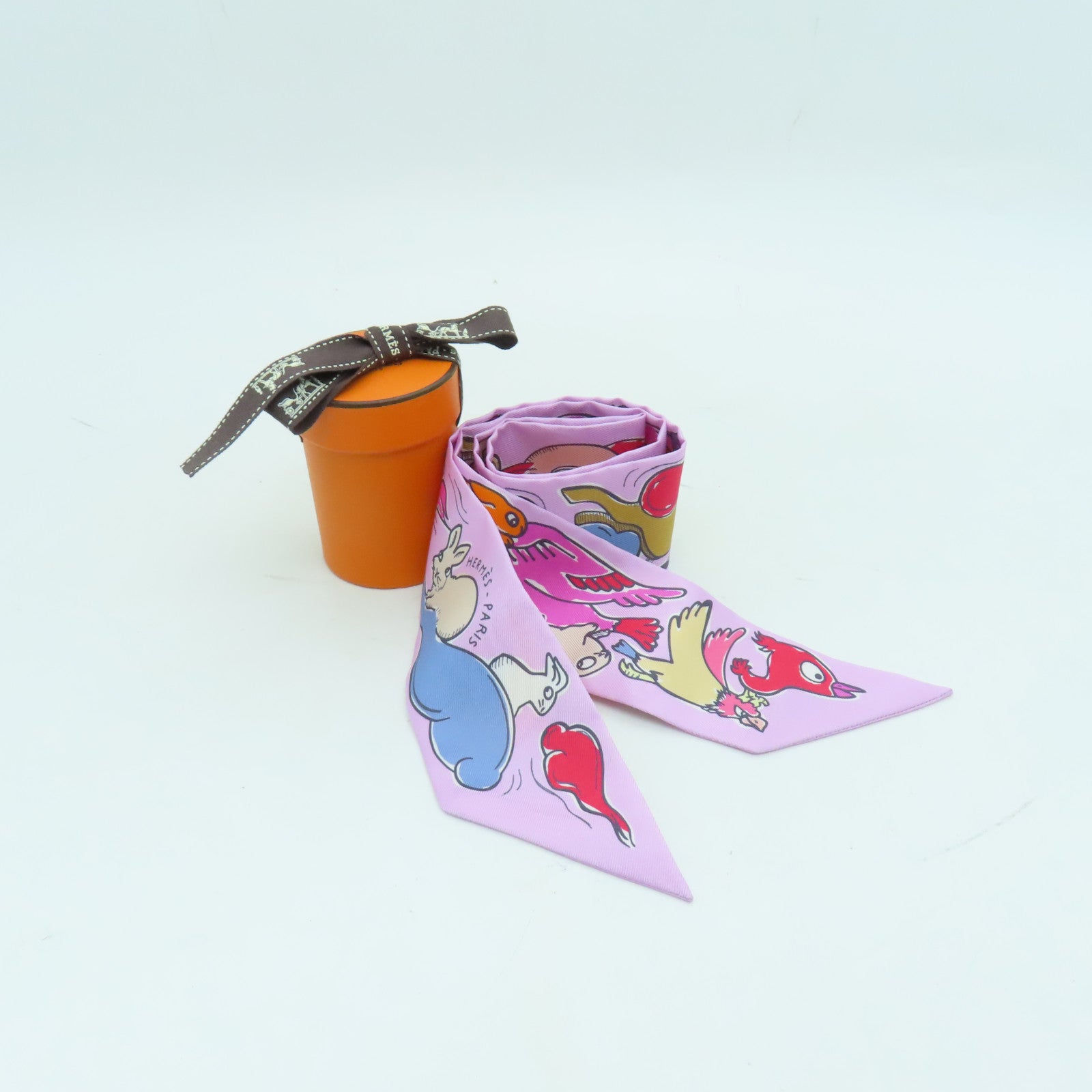 HERMES 【激減優惠】絲質Twilly絲巾粉紅色/彩色