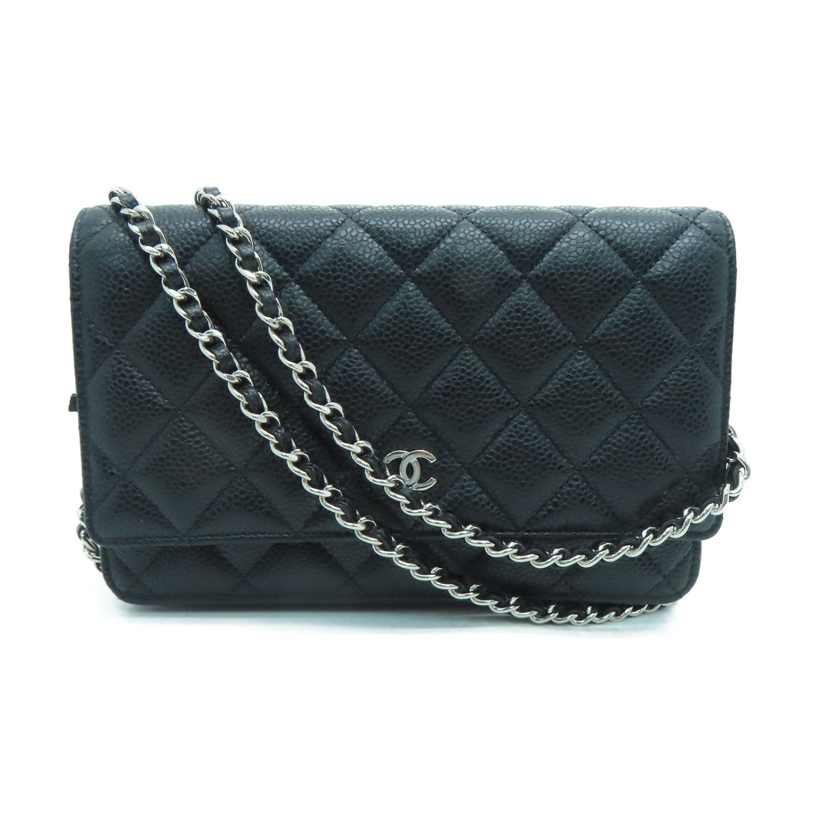 CHANEL 菱格Cavier皮革Chain Shoulder Bag銀扣鏈帶肩背袋黑色