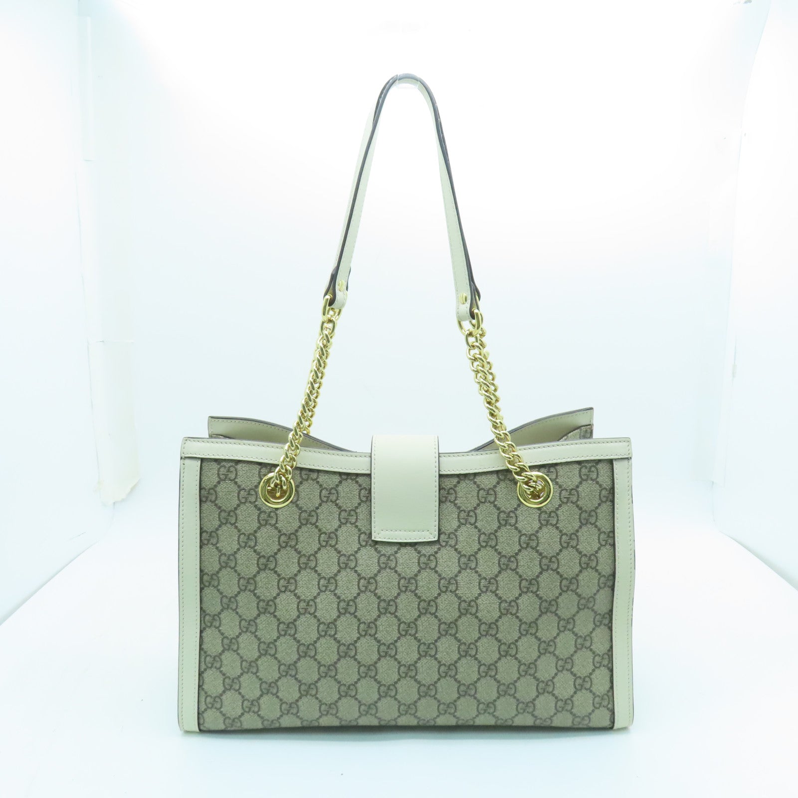 GUCCI 塗層帆布Padlock Medium Chain Shoulder Bag金扣鏈帶肩背袋棕色/白色