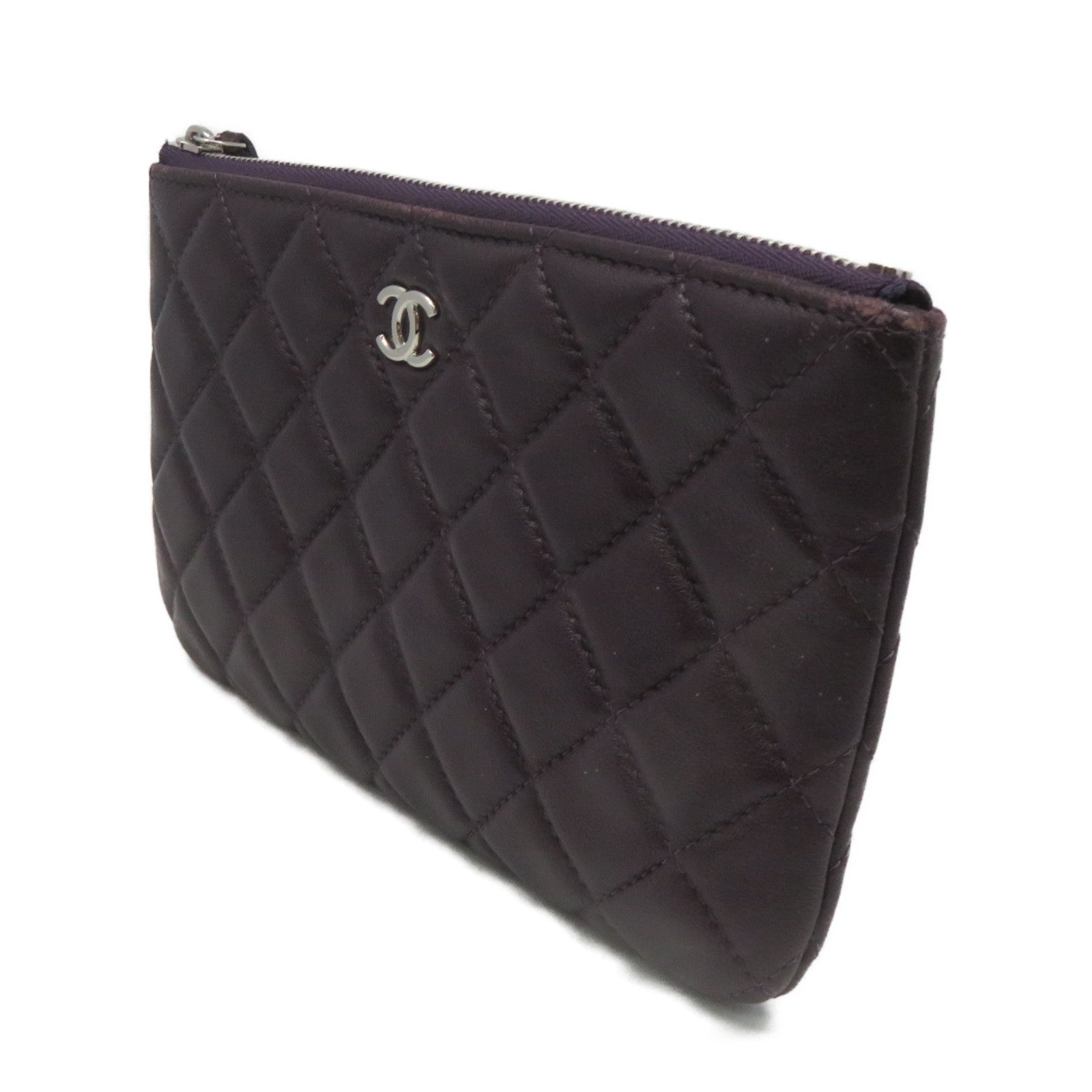 CHANEL rhombic sheepskin leather Pouch Wallet silver buckle zipper long wallet purple